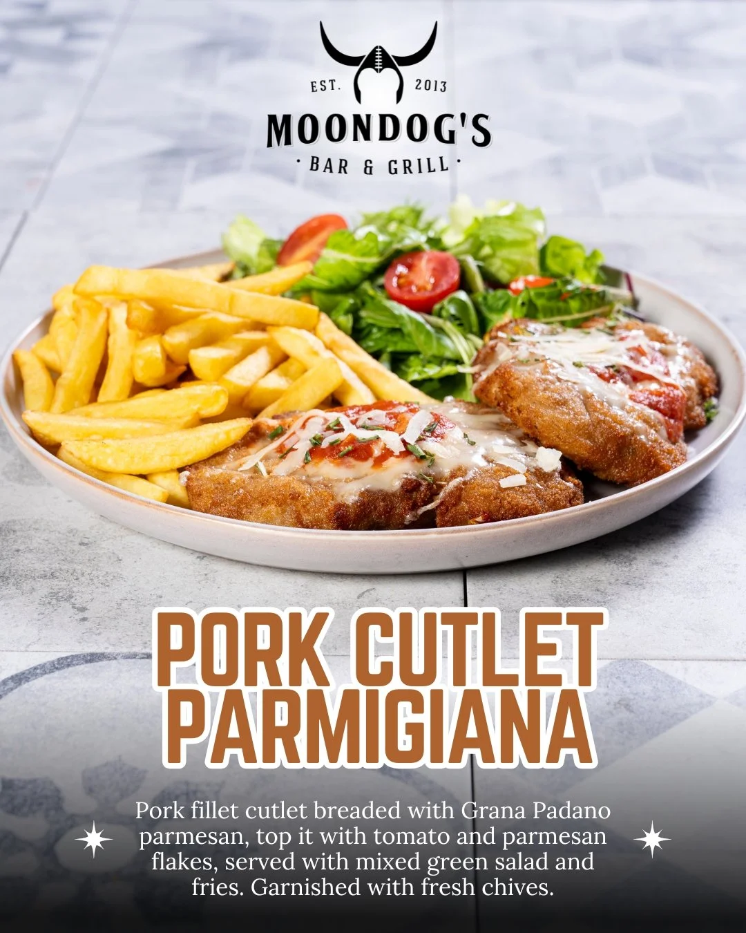 ** NEW MENU UPDATES ** 👇📣
https://moondogs.com.cy/foodmenu

📸 Pork Cutlet Parmigiana 🍴

Book your table:
🔗 https://tinyurl.com/2xfeu2ud
📞 Call us at 7000 6300

🛵 Delivery with #Wolt, #Bolt &amp; #Foody
.
.
.
.
#moondogscy #nicosiaeats #cyprusf