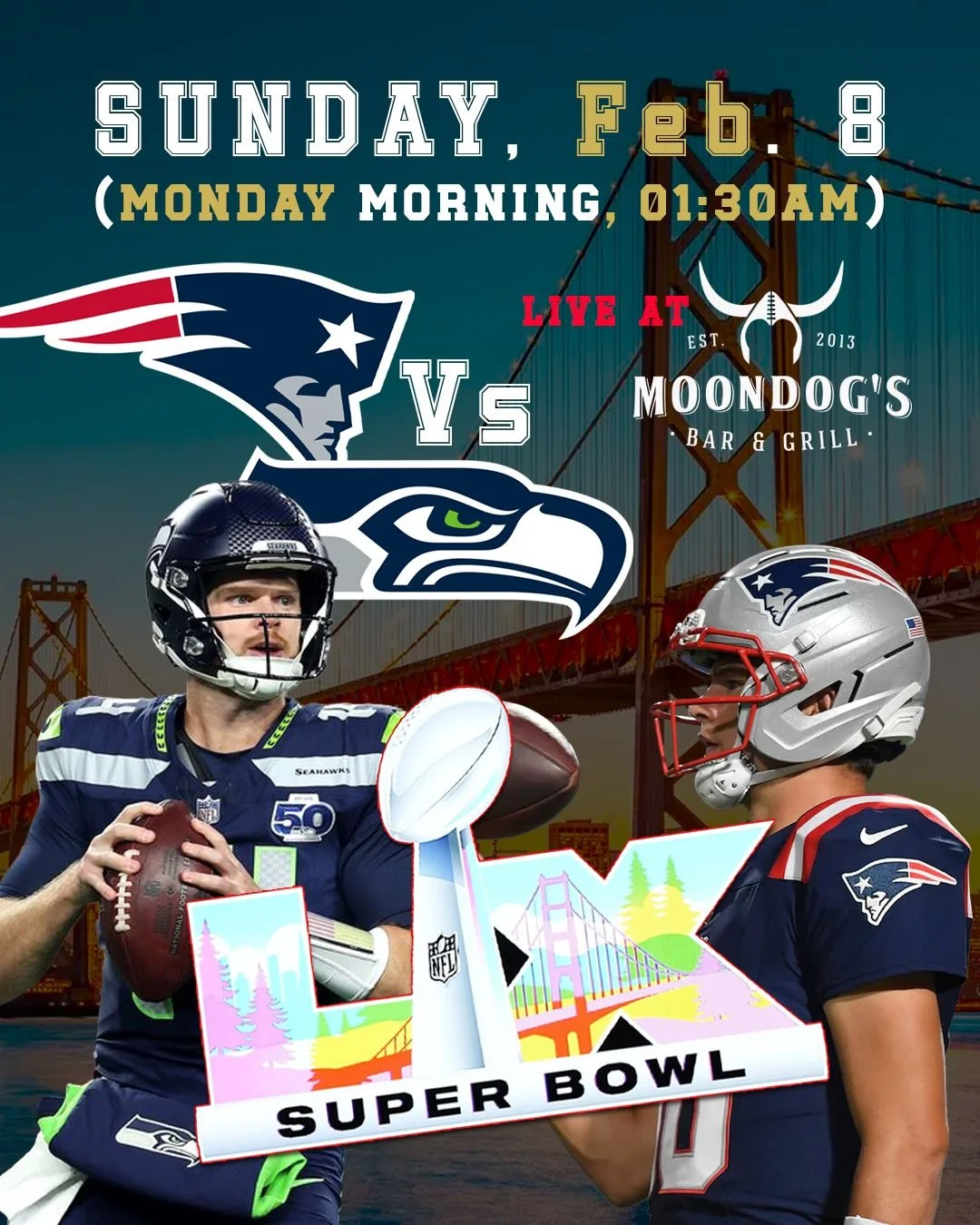 🏈 SUPER BOWL LIVE AT MOONDOG&rsquo;S BAR &amp; GRILL! 🏈

The biggest game of the year is coming, and we&rsquo;re showing it LIVE on our screens at Moondog&rsquo;s Bar &amp; Grill! 🍻🔥

📅 Sunday, Feb 8
⏰ Kickoff: 1:30 AM (Monday morning)

Grab you