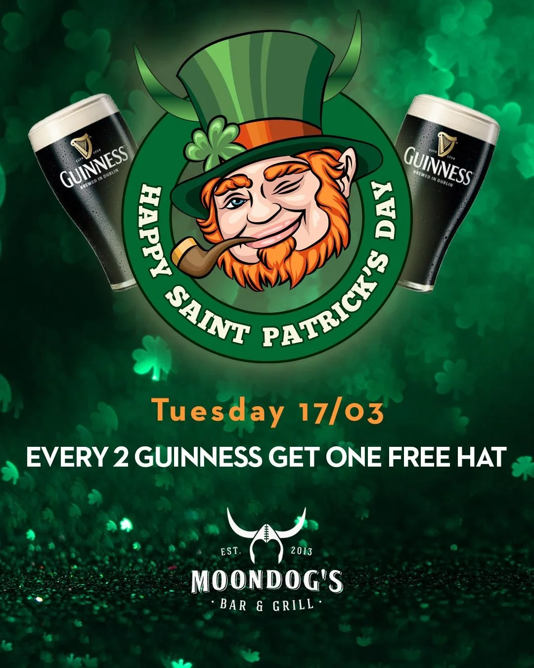 🍀 Saint Patrick&rsquo;s Day! 🍀

Join us on Tuesday 17/03 for a fun St. Patrick&rsquo;s Day celebration!

🍺 Special Offer:
Buy 2 Guinness and get a FREE hat!

Come celebrate with great beer, good vibes, and a little Irish luck. 
Grab your friends a