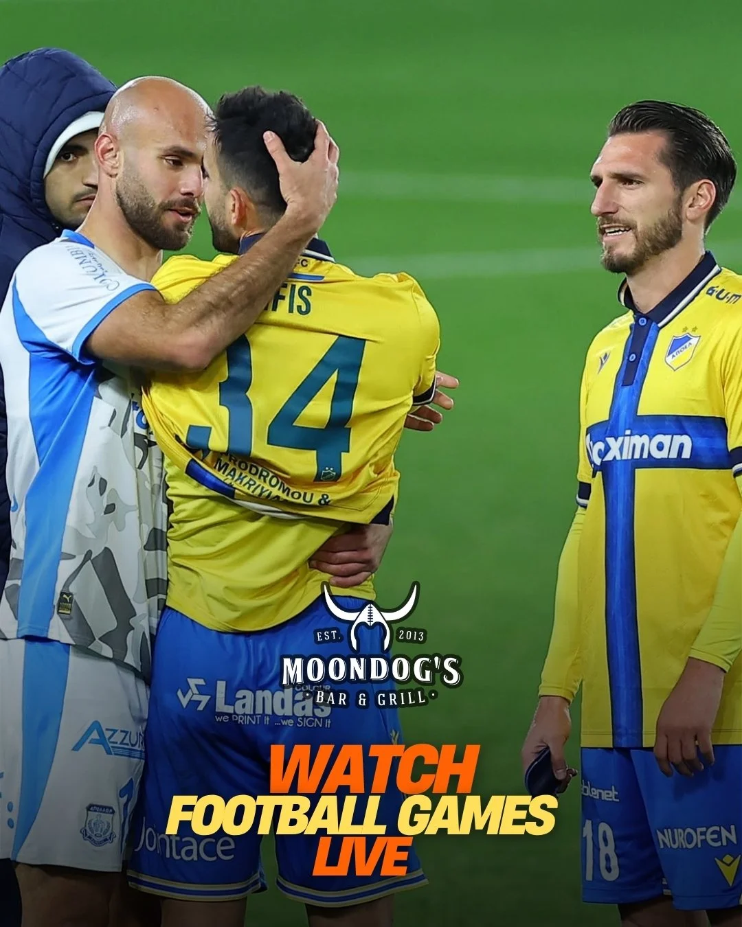 &Zeta;&omega;&nu;&tau;&alpha;&nu;ά &epsilon;&delta;ώ &sigma;&tau;&omicron; Moondog's 🍻
⚽ 17:00 &Alpha;&Pi;&Omicron;&Epsilon;&Lambda; - &Alpha;&pi;ό&lambda;&lambda;&omega;&nu;
⚽ 19:00 &Alpha;&Epsilon;&Kappa; - &Omicron;&Mu;&Omicron;&Nu;&Omicron;&Iota