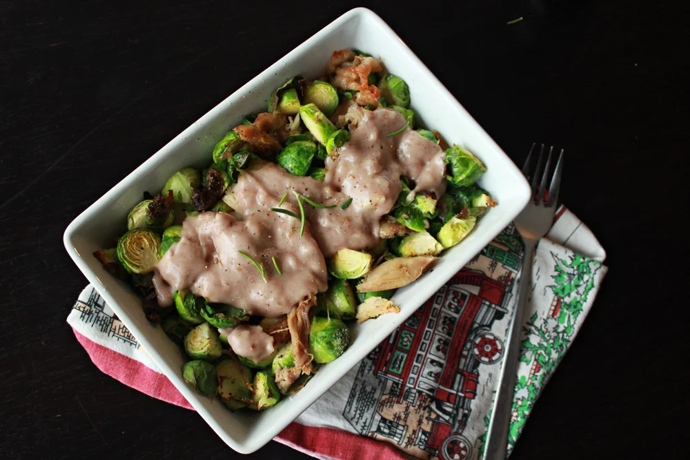 Turkey with brussel sprouts in the oven with a sauce of melted cheese and wine 2 .jpg