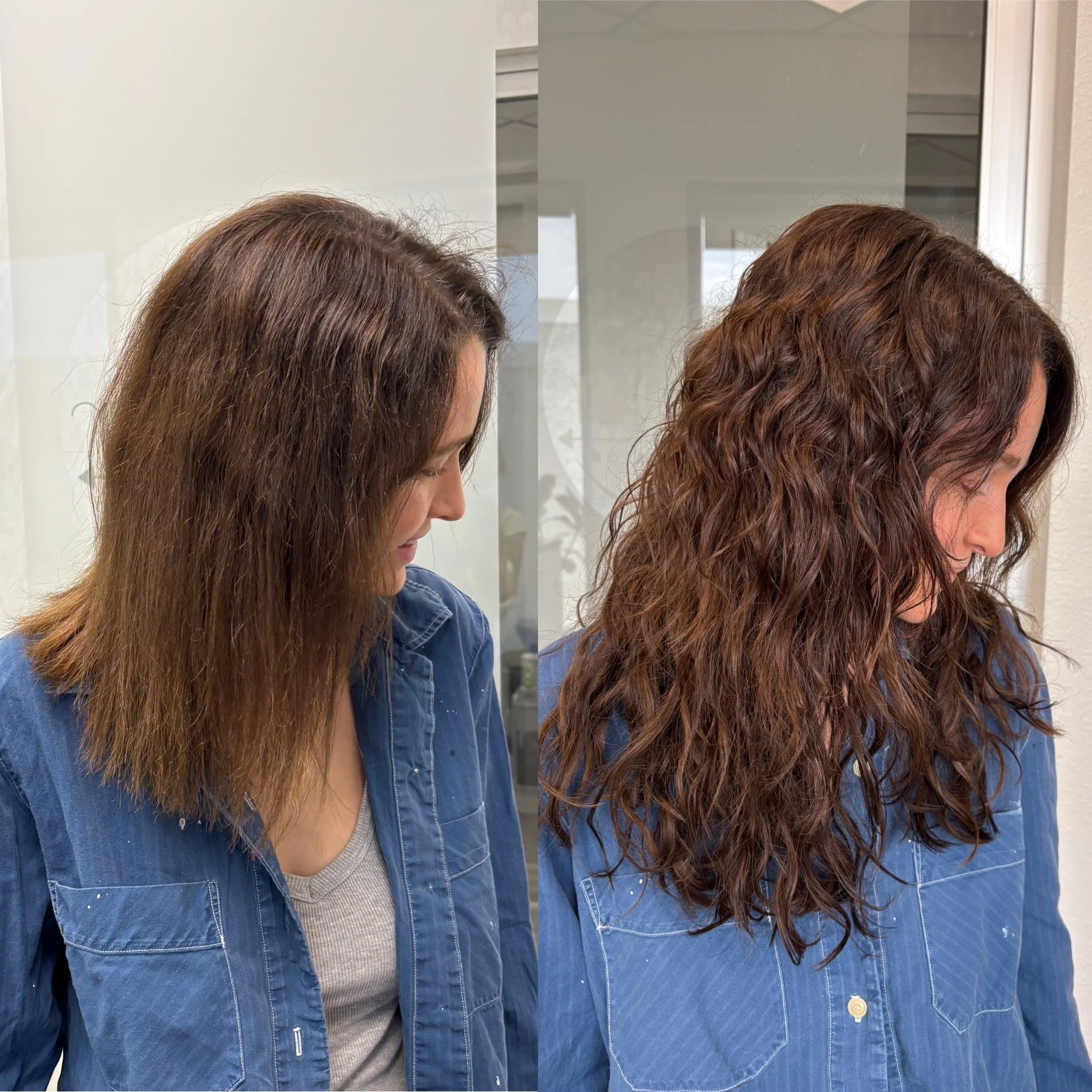 Before and after hair extension results showing added volume and length, Kalour Studios Austin TX