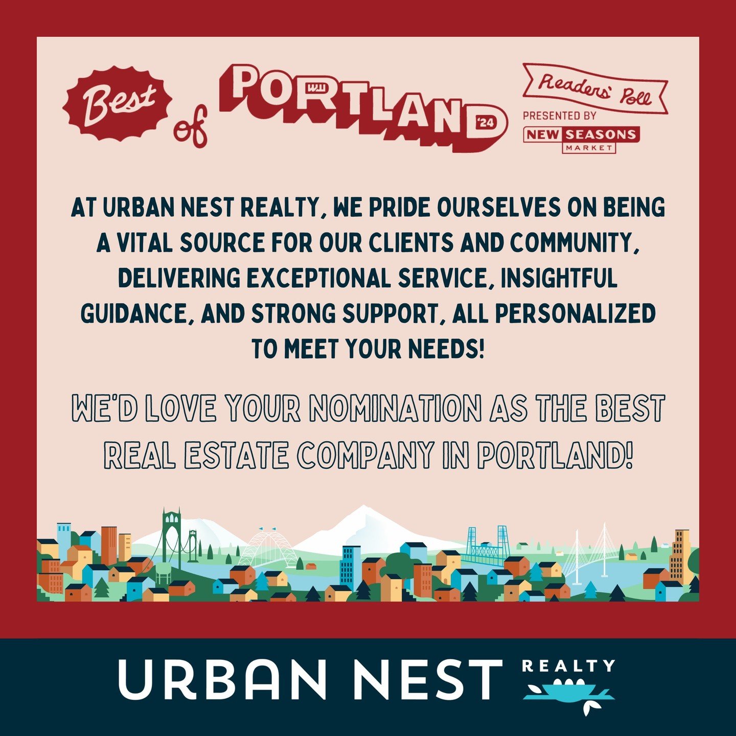 🌟Calling all Portlanders! 🌟 Time is ticking! ⏰ Today's your last chance to make us shine as the Best Real Estate Company in the city! 

Your support and trust mean more than words can express. At Urban Nest Realty, we're deeply thankful for the opp