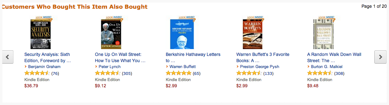 For example, here are book recommendations on Amazon after purchasing The Intelligent Investor : 