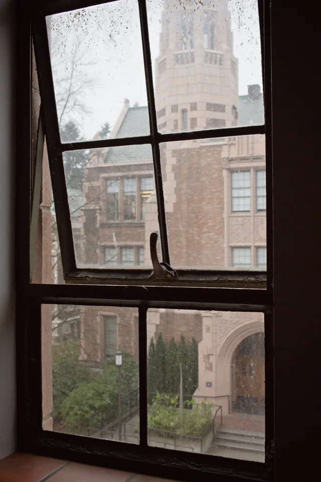 The art building across the way looks much like the music building it's being viewed from.