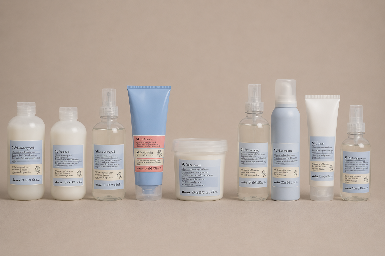 Davines SU sun care collection including protective hair and body oil, after-sun hair mask, hydrating hair and body wash, available at Salon DeCota, San Rafael CA.