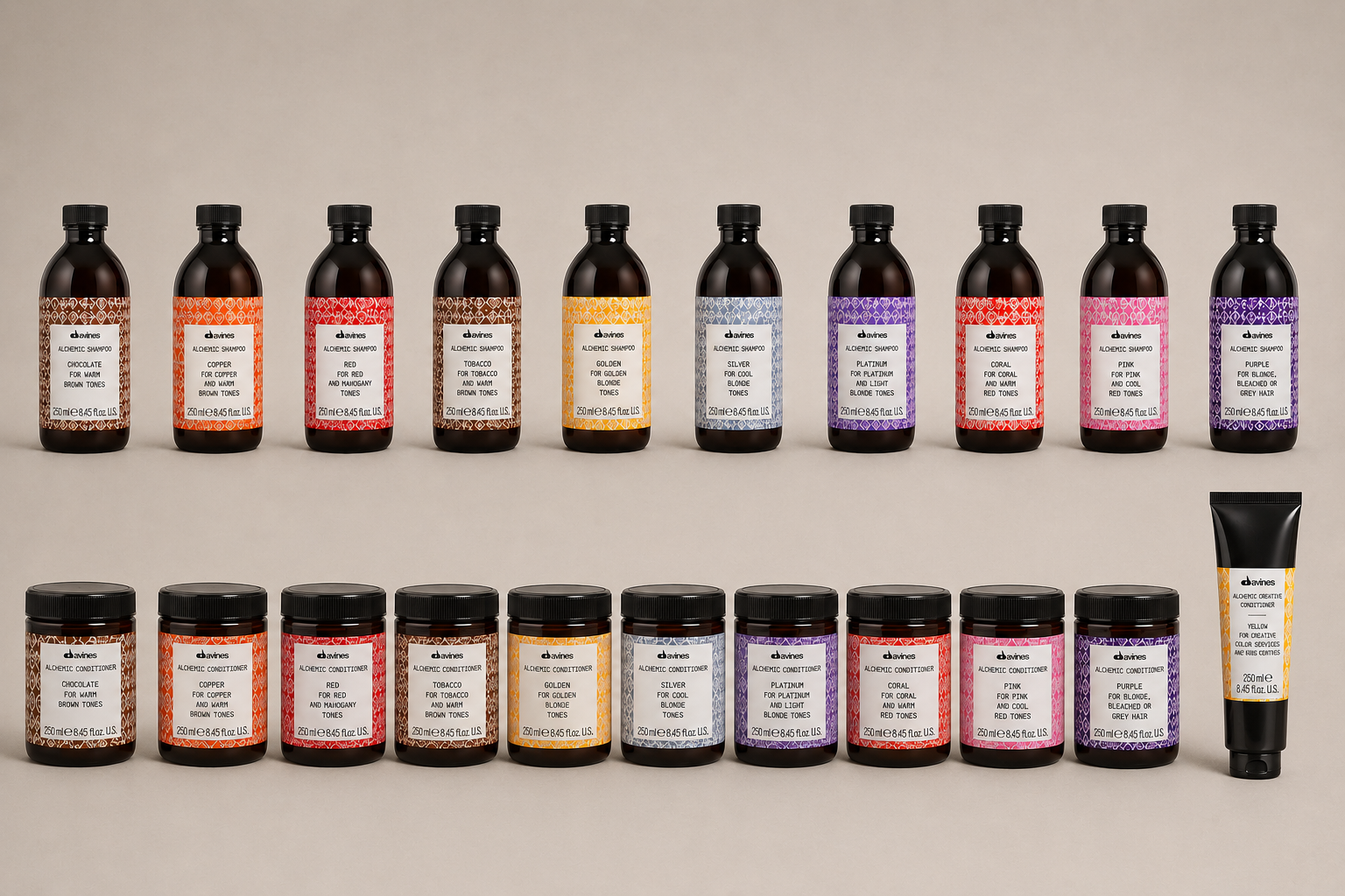 Davines Alchemic shampoo and conditioner collection in silver, chocolate, golden, copper, red and tobacco shades for natural and colored hair, available at Salon DeCota, San Rafael CA.