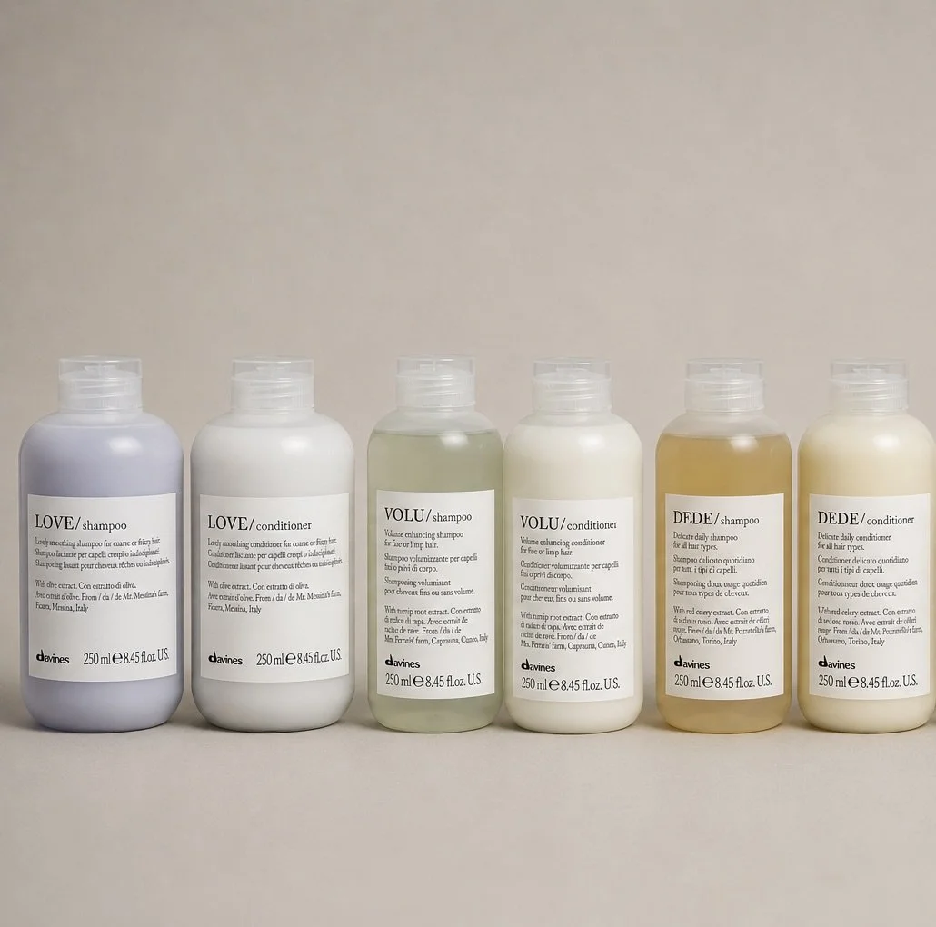 Davines Essentials hair care collection including SOLU, DEDE, LOVE, MOMO, VOLU, NOUNOU and more, available at Salon DeCota, San Rafael CA.