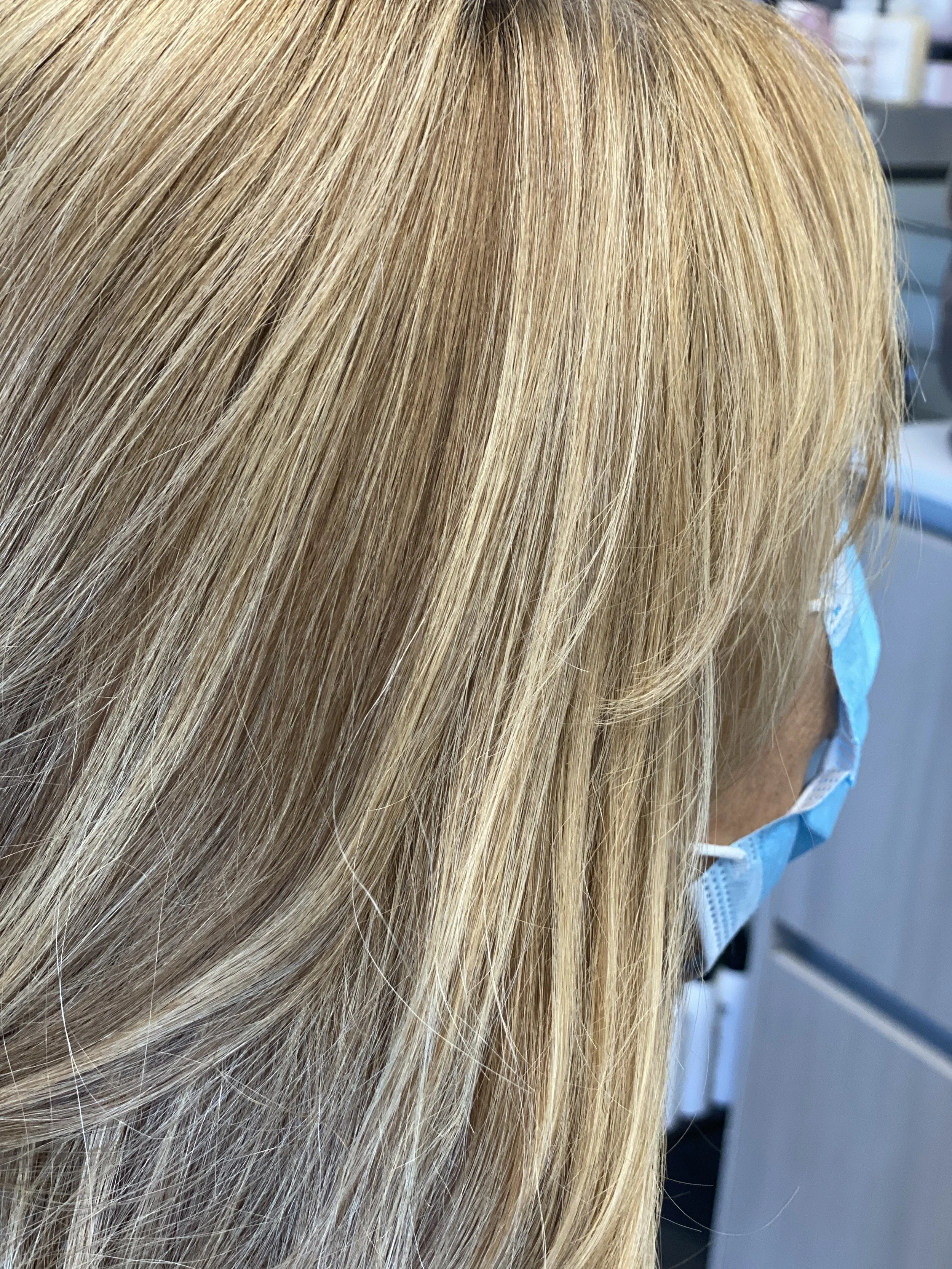 After corrective color result with seamless foilyage and balayage blonde highlights by Evet DeCota at Salon DeCota, San Rafael CA.