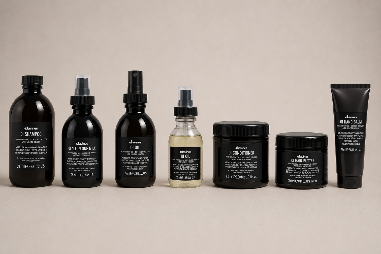 avines OI hair care collection including OI Shampoo, Conditioner, Hair Butter, Oil, Souffle and All in One Milk, available at Salon DeCota, San Rafael CA.