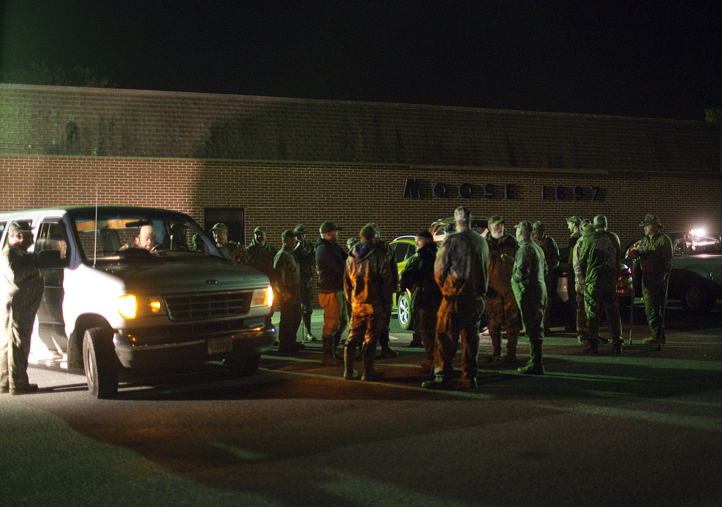 Turkey hunters gather outside of the Moose Lodge in Bedford between 4 and 4:30a.m. on Saturday, April 25, 2015. The 10th annual Gunnin' for Gobblers event, sponsored by the Bedford Outdoor Sportsman Association sent 44 hunters into the fields across Bedford County.