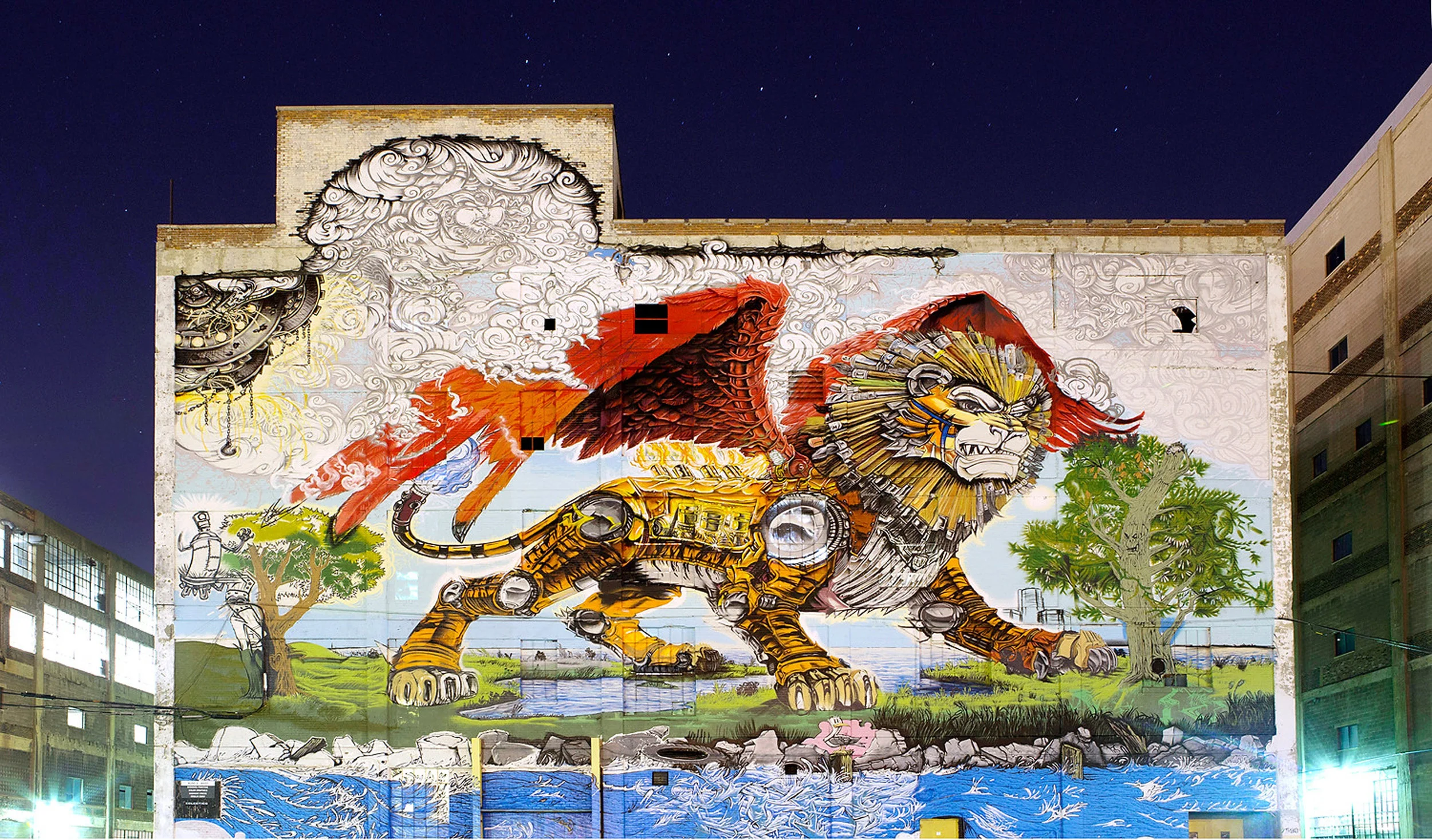  The Chimera by Detroit graffiti artist Kobie Solomon is an 8,750 square foot spray-painted mural on the westward wall of Building #2 at the Russell Industrial Complex. The mural can be seen by motorists going in both directions on Interstate 75. It 