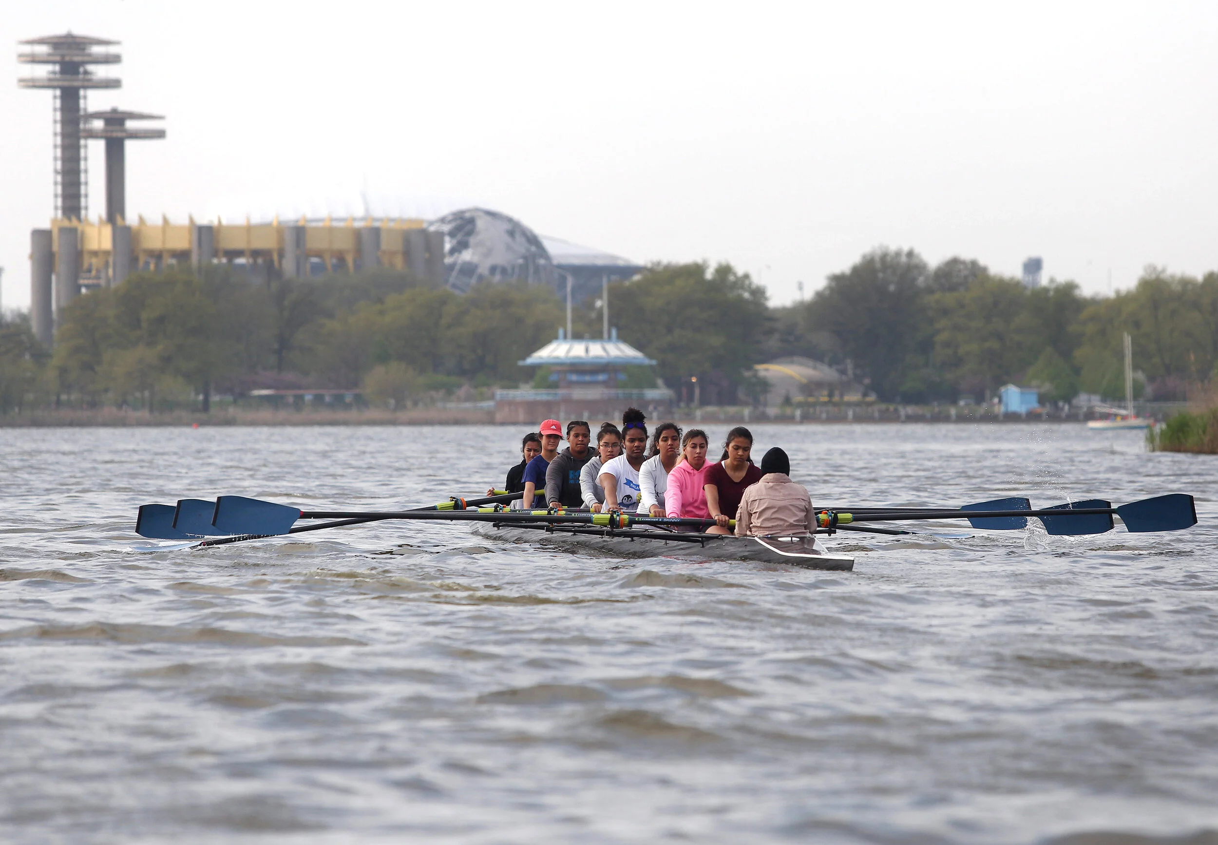  Young women participate in rowing practice through Row New York at Meadow Lake on Thursday, May 2, 2019 in Flushing Meadows Corona Park.    