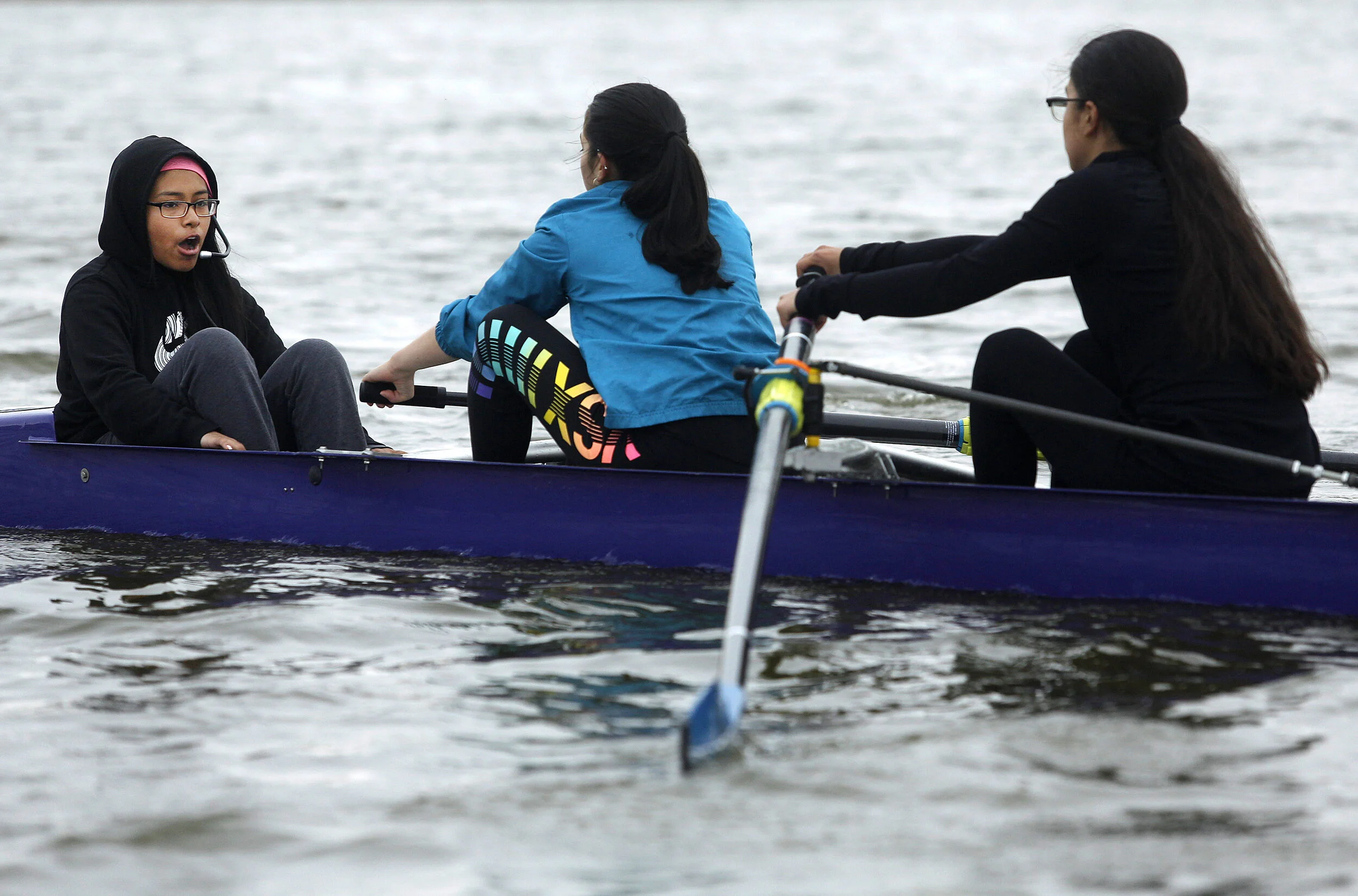  Sebastiana Lopez, 17, a coxswain, left, gives direction to her teammates during practice at Meadow Lake on Thursday, May 2, 2019 in Flushing Meadows Corona Park. “Before I used to be really shy and I didn’t really speak up for myself. When I exercis