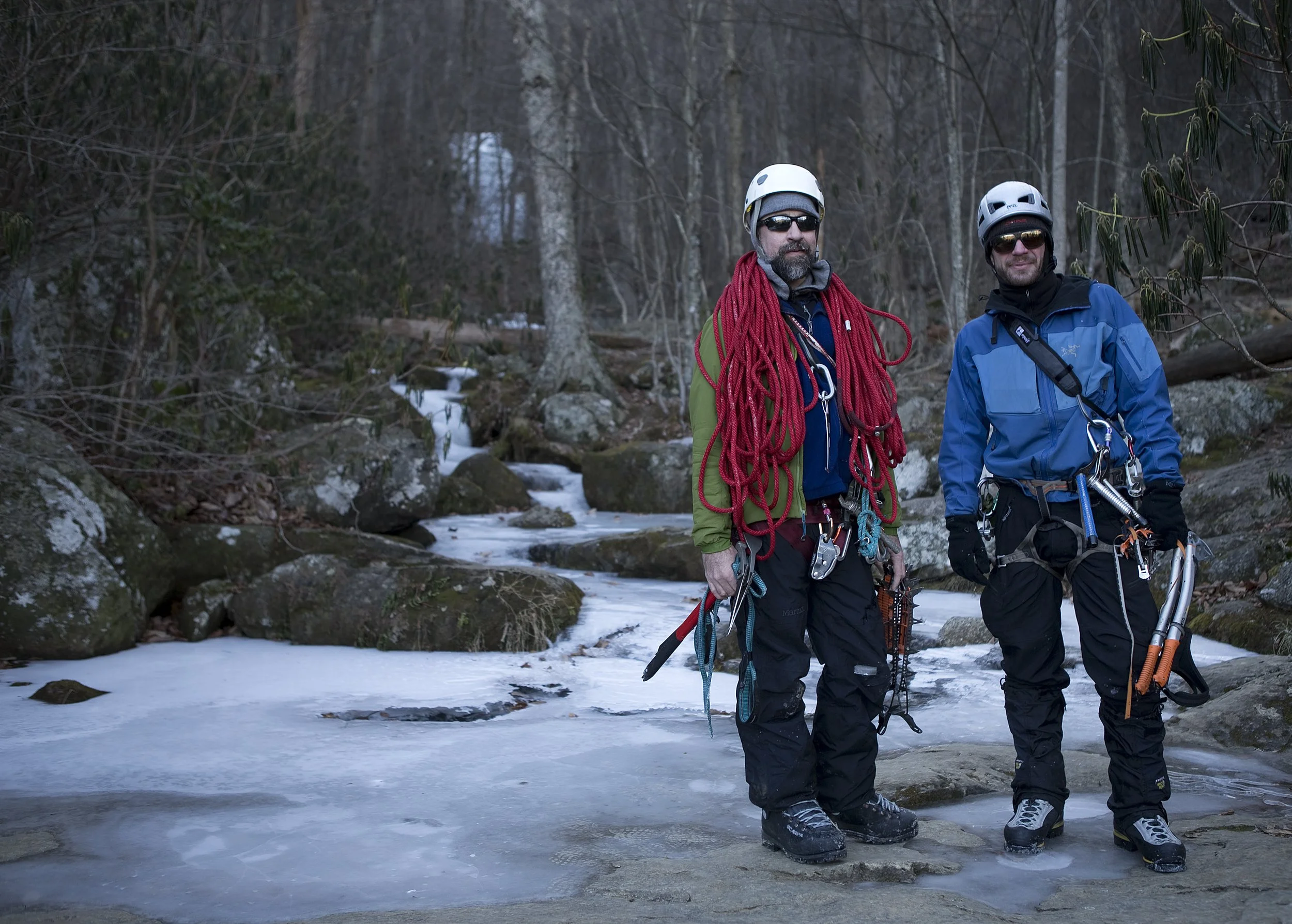  Greg Martin, 45, of Roanoke County, left, and Pat Metheny, 35, of Botetourt County, right, stop for a portrait before continuing their climb up Crabtree Falls in Nelson County on Friday, Jan. 5, 2018. 