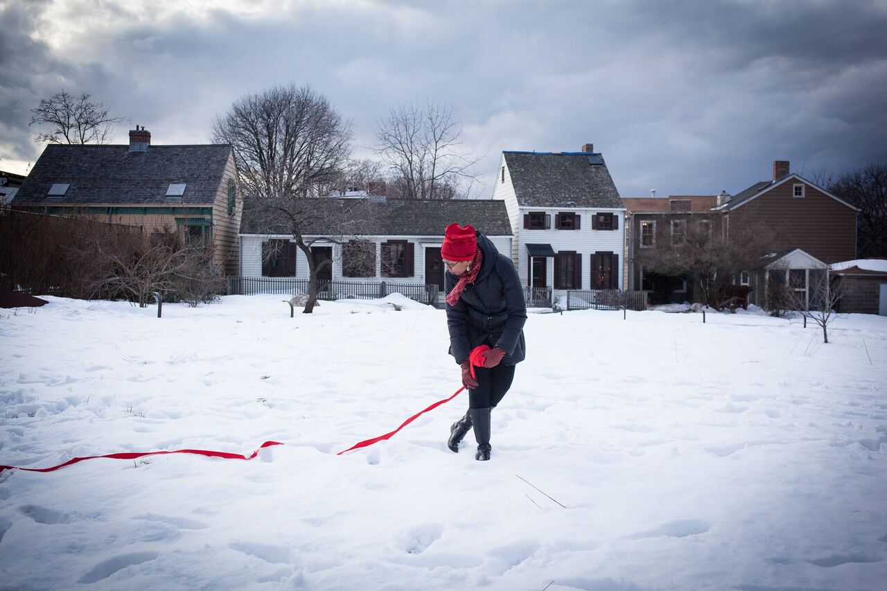  woman with red line tape 