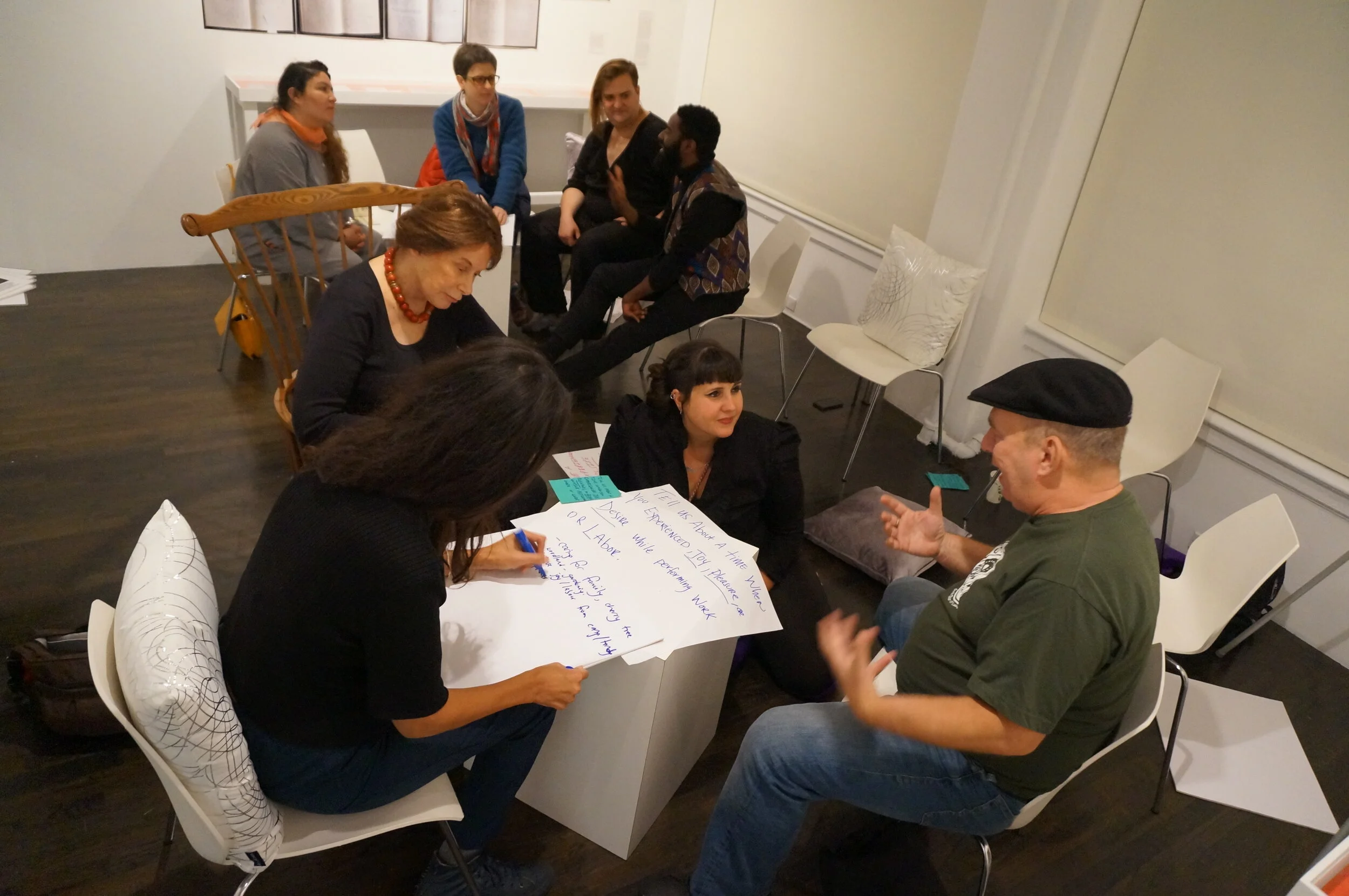 Image from workshop during Show don’t Tell at the 8th floor/rubin foundation. Mel and Adelaide sit in conversation with six workshop participants while attendees write ideas on butcher paper. image courtesy of the 8th Floor/Rubin foundation