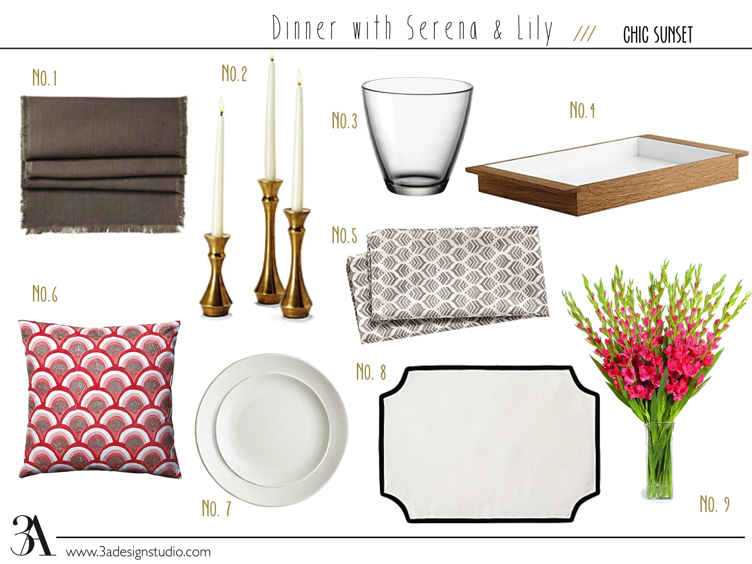 1 Table Runner -68.00, now 21.99 /// 2 Brass Candlesticks -32.00-38.00, now 10.99-14.99 /// 3 Water Glasses (set of 12) -16.80 /// 4 Wood and Lacquer Tray -118.00, now 37.99 /// 5 Leaf Napkins (set of 4) -38.00, now 18.99 /// 6 Throw Pillow Cover -6…