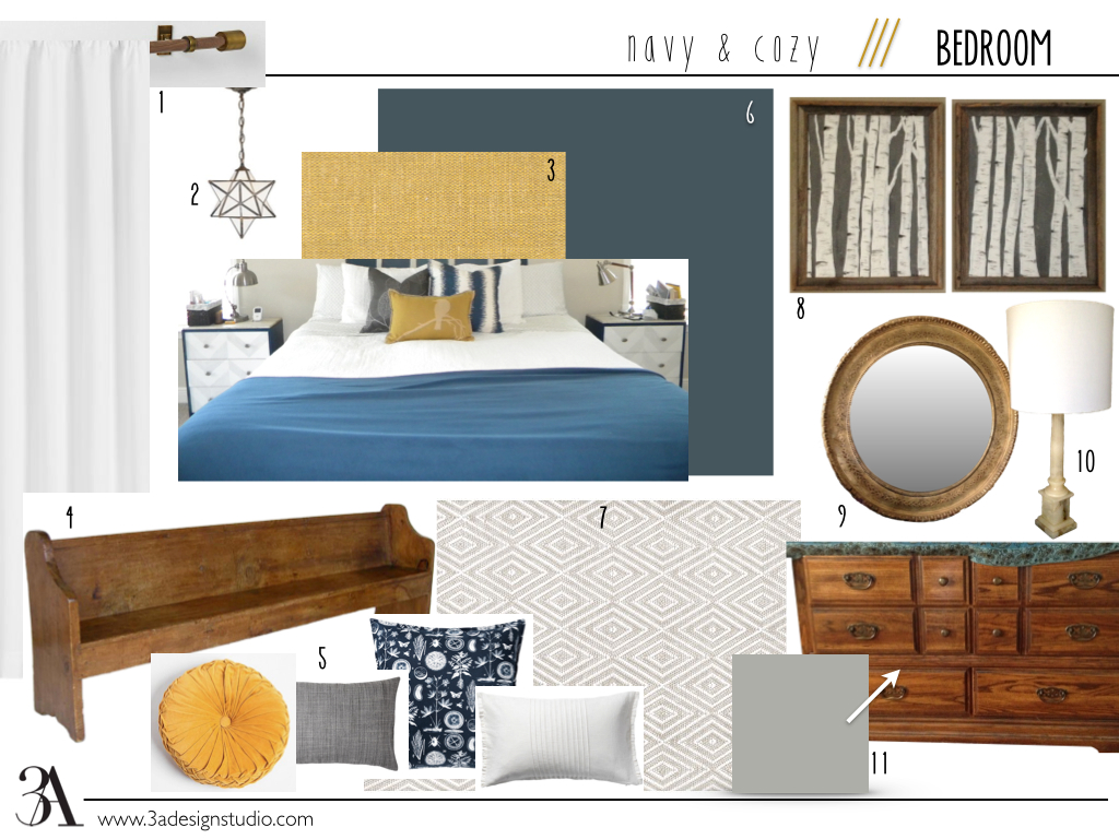 1. modern wood and metal curtain rods (this one is from West Elm, but I'm planning a less expensive similar DIY); standard white cotton draperies // 2. star pendant (already have) // 3. DIY yellow ochre linen headboard (I have the materials--I just have to find the time to do it) // 4. old church pew I'm hoping to find for a decent price around town--I see them everywhere but they're always overpriced // 5. miscellaneous throw pillows to soften up the pew (I'm also considering a bench cushion) // 6. wall paint: valspar for ace, mountain midnight // 7. light, neutral rug; this one is a Dash & Albert from wayfair // 8. two contemporary paintings framed in aged oak (already have and done by yours truly) // 9. an antiqued round gold mirror (already have) // 10. antique marble column lamp (already have) // 11. run-of-the-mill old dresser that was my husband's, painted in valspar's coastal jetty; I may also paint/replace the hardware