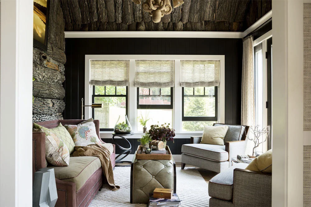This is the sunroom. From the glorious mix of textures to the unexpected color combos and patterns, this room is a glorious mix of masculine and feminine. If I could pick one room in the house to spend all day in, it would be this one. 