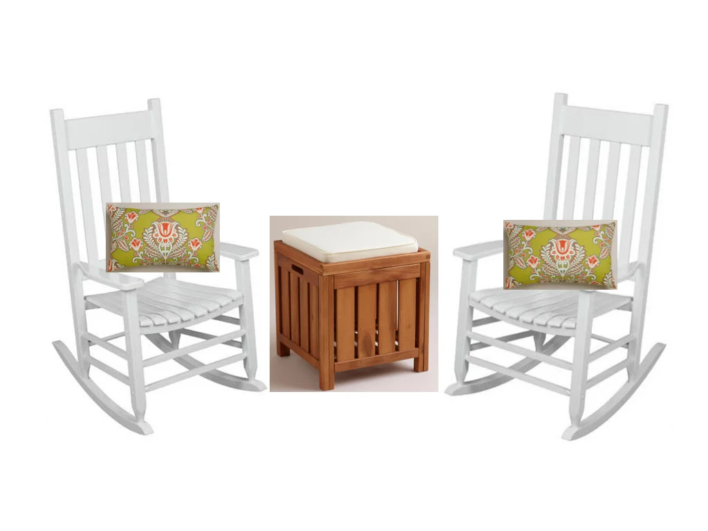 White rocking chairs from pretty much anywhere; Summer Goddess Outdoor Lumbar Pillow from World Market; Wood Storage Stool from World Market