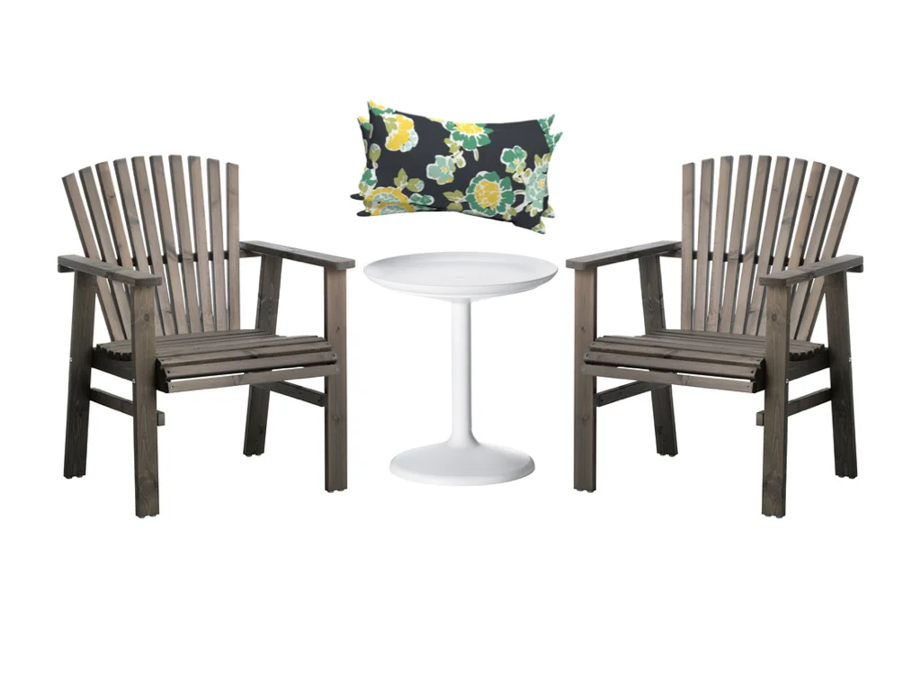 Sundero Arm Chairs from Ikea; PS Sandskar Table from Ikea; Tossed Floral Green/Yellow Lumbar Pillow Set from Target