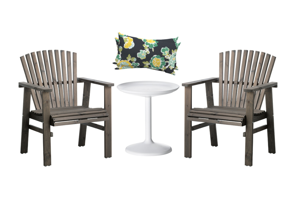Sundero Arm Chairs from Ikea; PS Sandskar Table from Ikea; Tossed Floral Green/Yellow Lumbar Pillow Set from Target