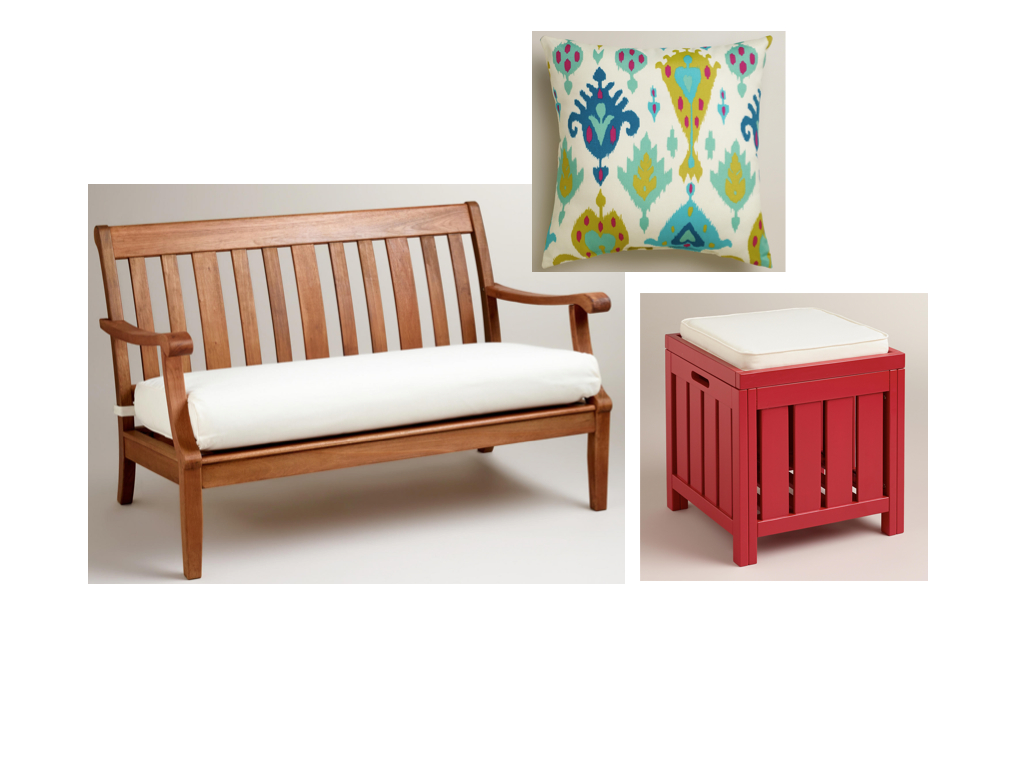 St. Martin Occasional Bench from World Market; Aqua Aberdeen Throw Pillow from World Market; Pompeian Red Storage Stool from World Market