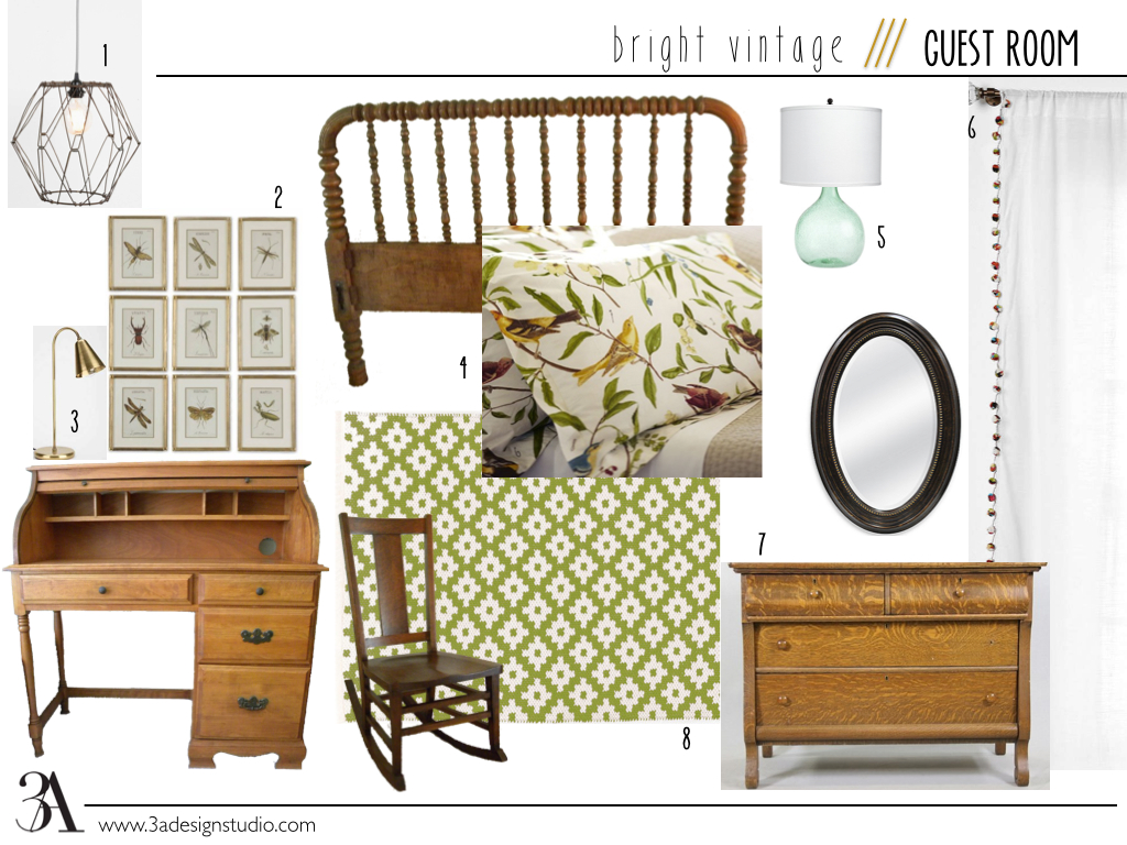 1. Convertible Wire Pendant from Urban Outfitters // 2. Insect Prints (I bought a while back) // 3. Assembly Home Cone Table Lamp // 4. Bird Duvet Cover (originally from Pottery Barn) // 5. Eva Colored Glass Lamp from Pottery Barn // 6. Magical Thinking PomPom Curtains // 7. Tiger Oak Antique Dresser // 8. Dash and Albert Samode Rug