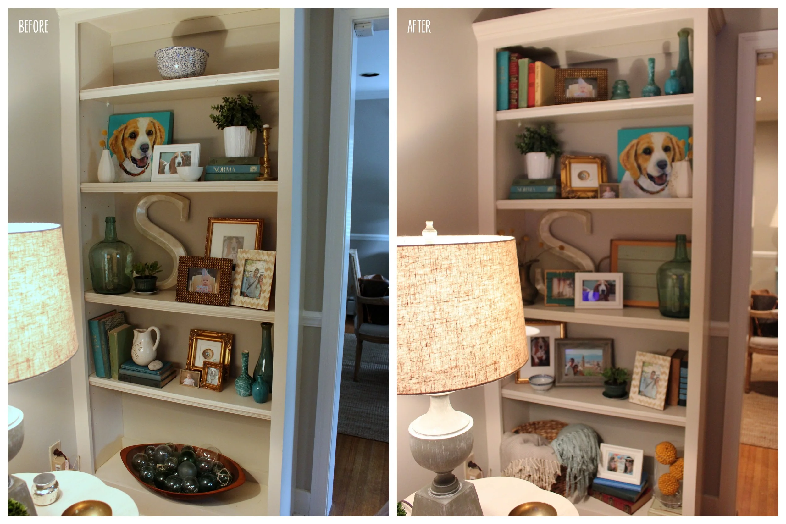 Bookcase two. The fish floats are a favorite of the clients so we moved them to eye level on the deep shelf for everyone to see. 