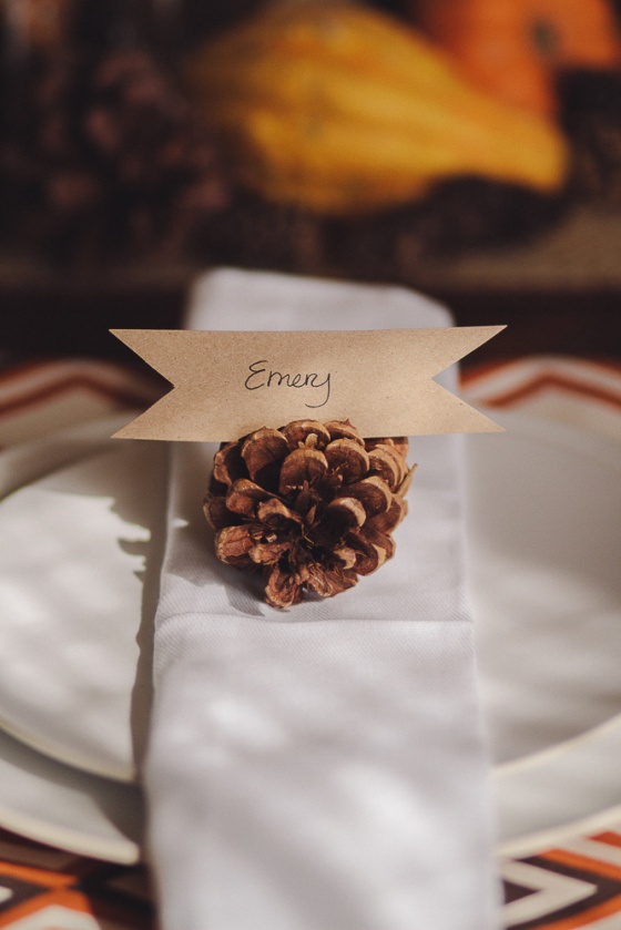  Pine cones are simple and free if you live anywhere near a pine tree. &nbsp;Use craft paper to create a name ribbon for your guests.  Source  