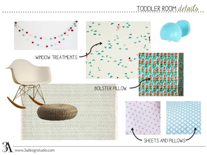 garland // window fabric // eyeball sconce // rocker // footstool // rug // bolster fabric // coral fabric // aqua fabric
