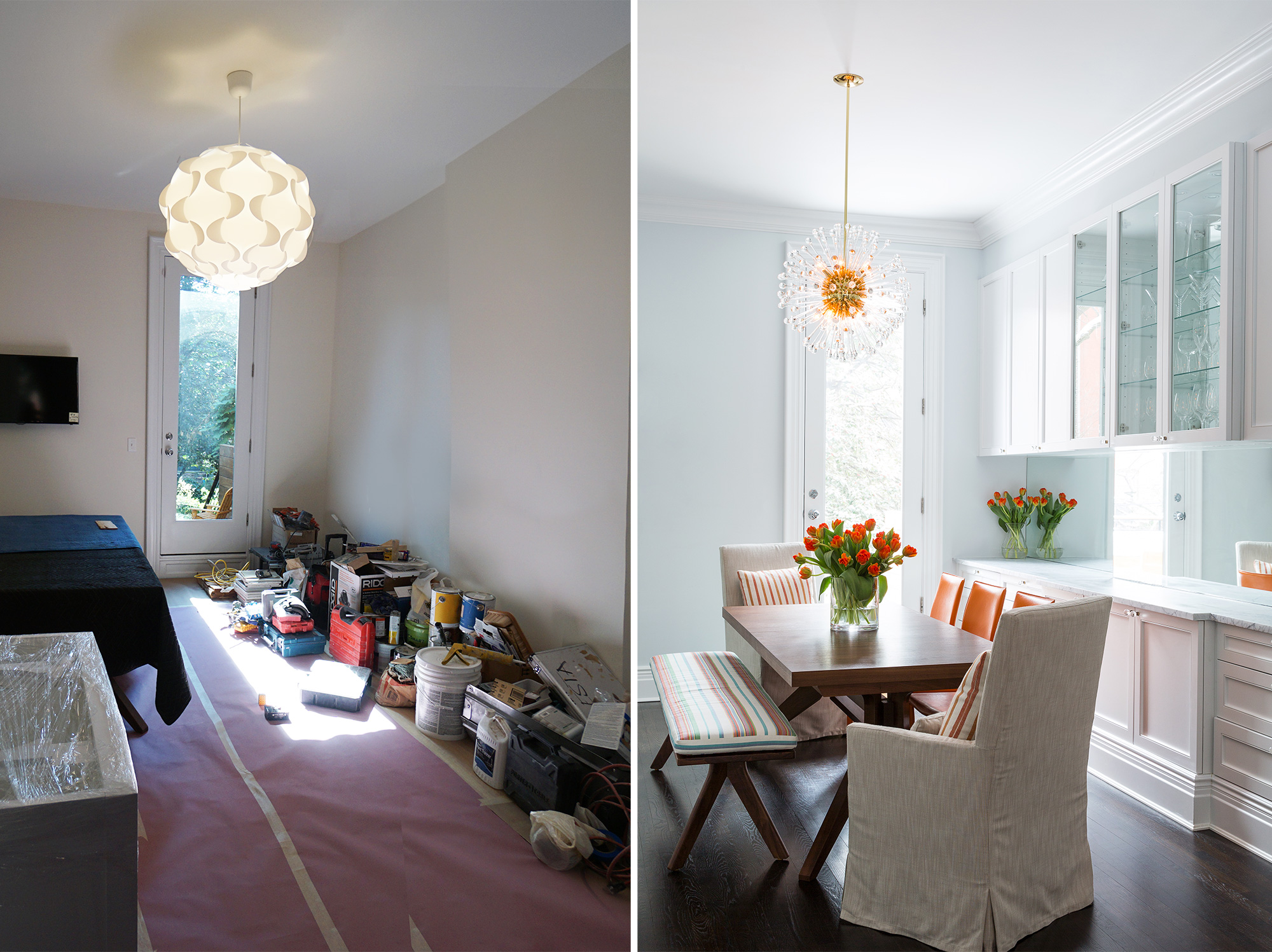 This dining room was updated with some paint, a new light fixture and amazing built-in, another signature element in Chango's designs. 