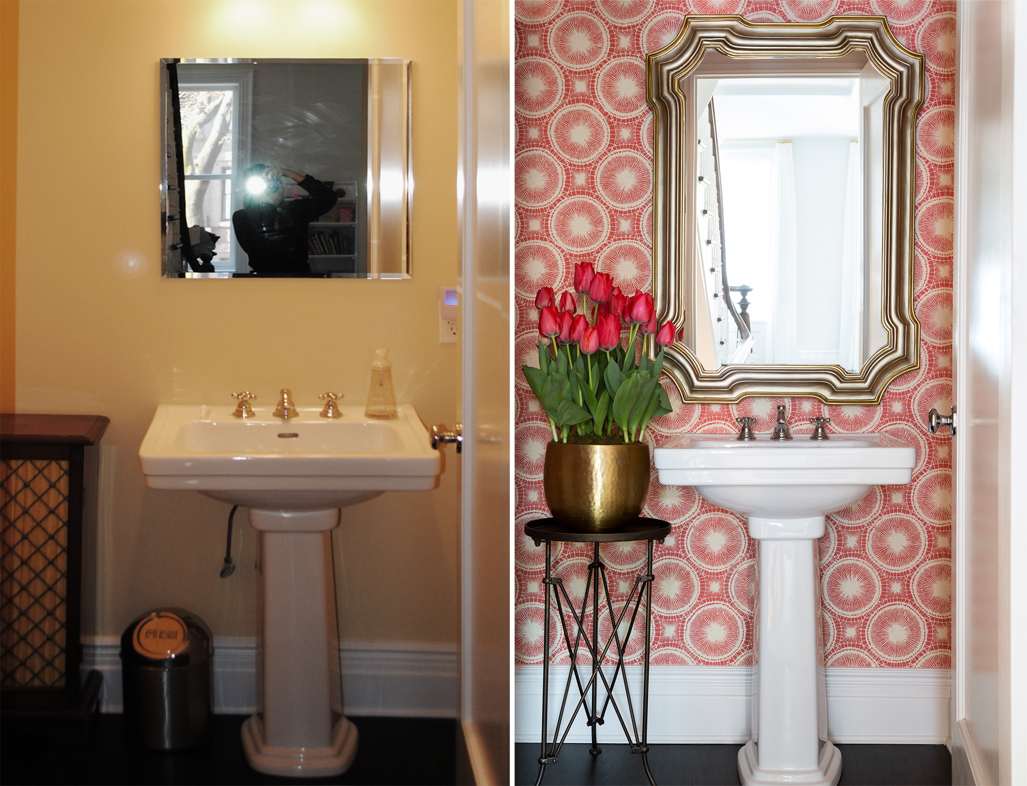 New wallpaper and mirror and your powder room is transformed.
