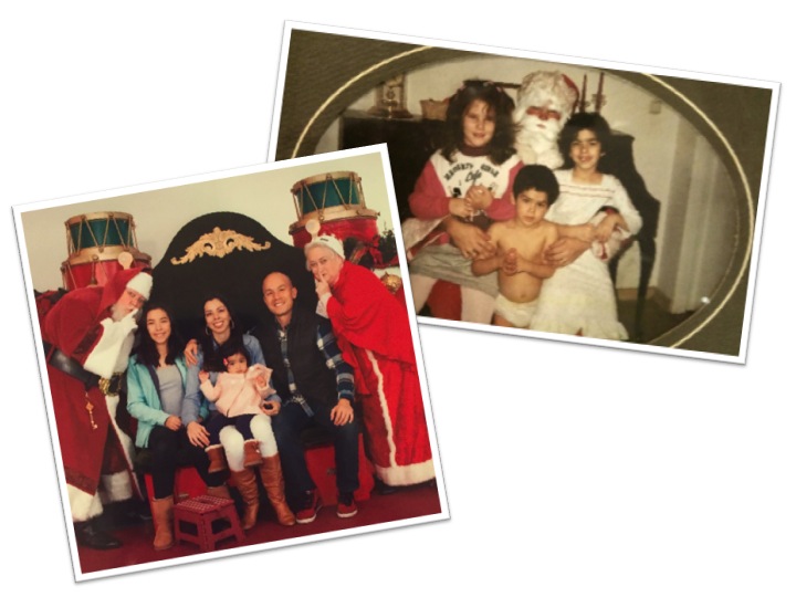  It took all of us to get Amelia to take a picture with Santa. Pic on the right is of my brother and I with a family friend and Santa one Christmas Eve (my brother's nickname when he was little was The Barbarian; hence the lack of clothes).