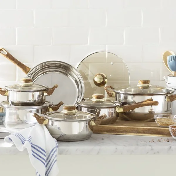 Stainless and wood pot and pan set