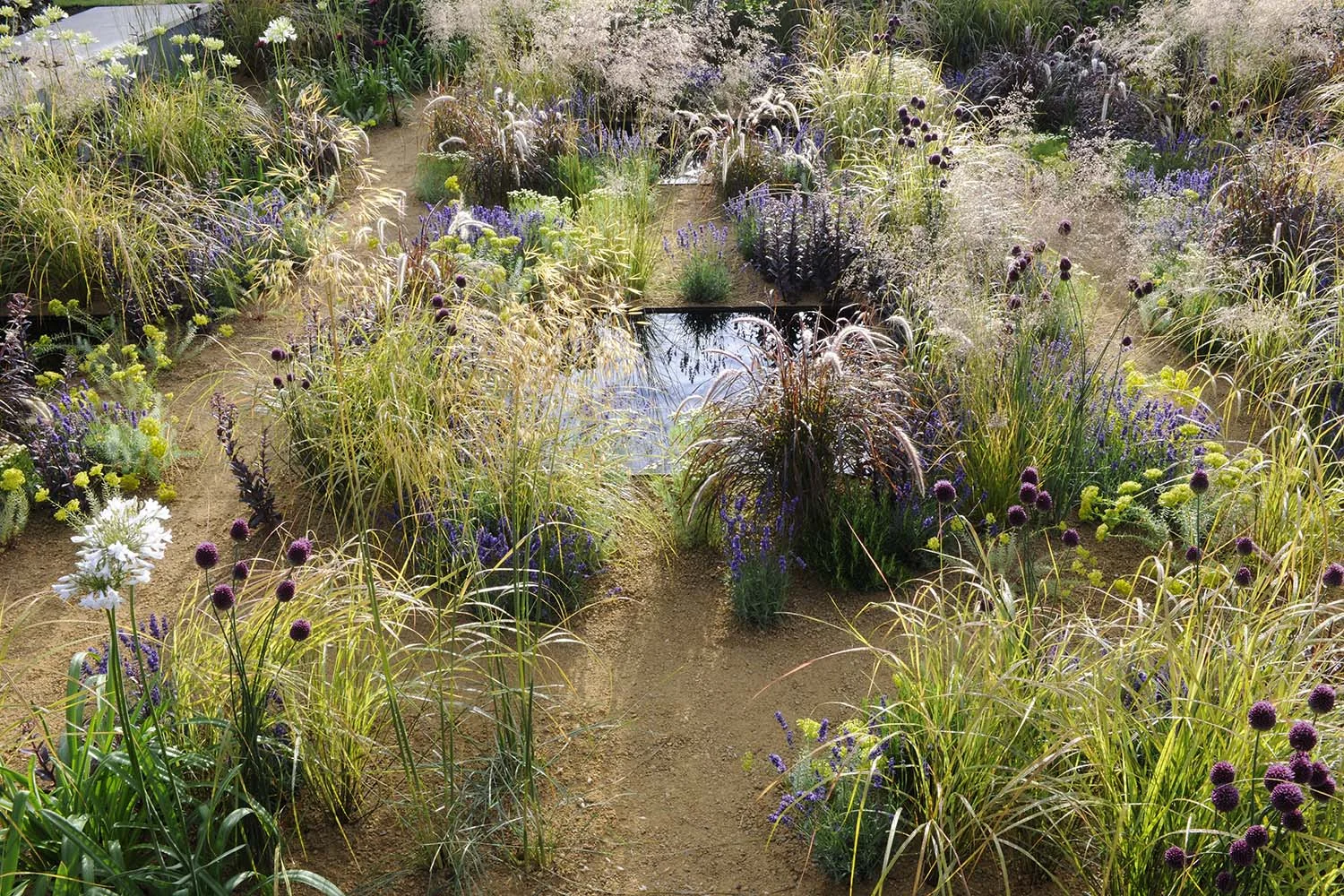 A show garden from the 2014 Hampton Court Palace Flower Show featuring sunken reflective pools and delicate grasses that evoke steam rising — a modern courtyard‑style design blending architectural layout with ethereal planting to transform a small sp