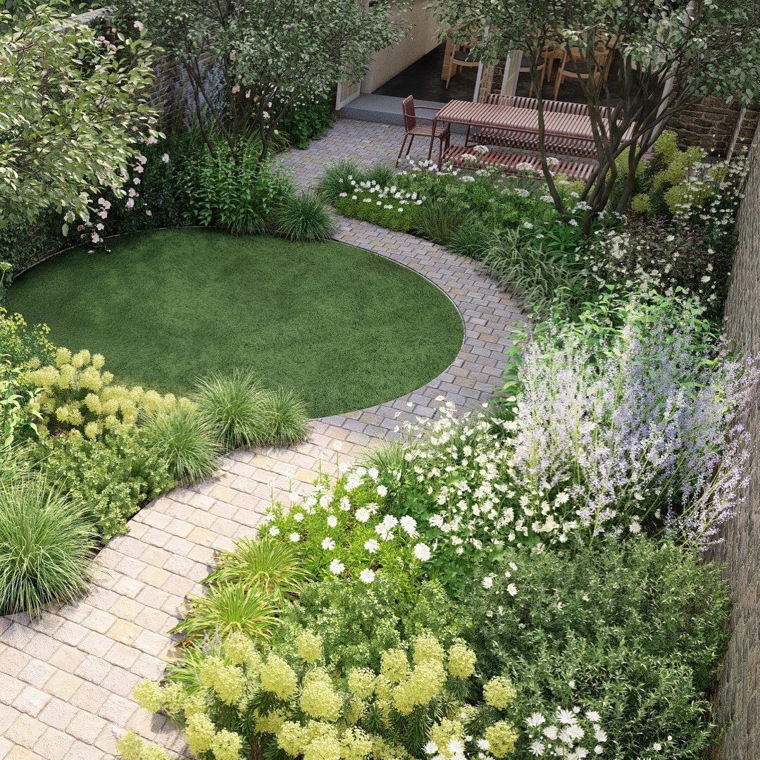 Curves on curves 🫧 a rear garden design for property in Vauxhall. The client has a love of roses so we&rsquo;ll be squeezing many cultivars into those planting beds! Iris, cranesbill geraniums, clematis, rosemary, star jasmine and daphne will also f