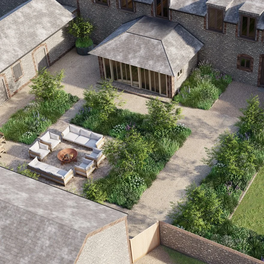 Hampshire country garden in the South Downs with a formal layout, central square lawn, planting beds, dining and fire pit terraces, and layered planting with perennials, grasses and multi stem trees for structure.