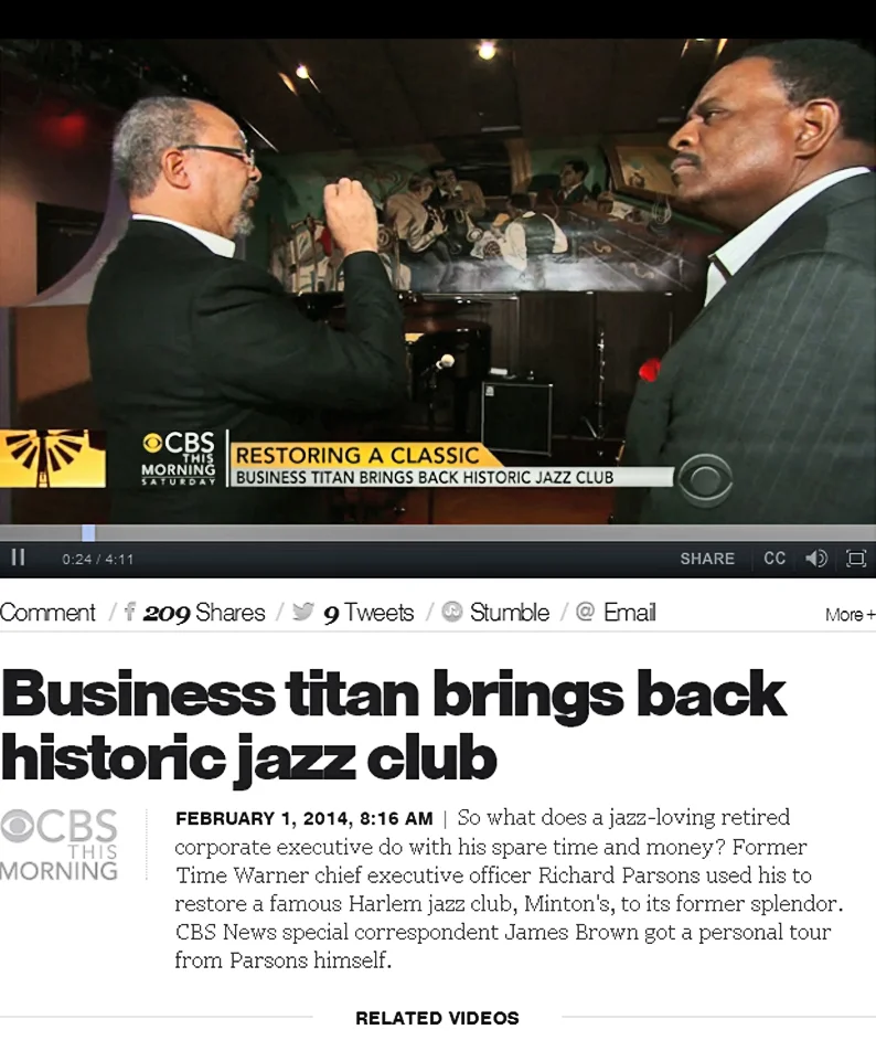  CBS MORNING. Video link: &nbsp;http://www.cbsnews.com/videos/business-titan-brings-back-historic-jazz-club/  