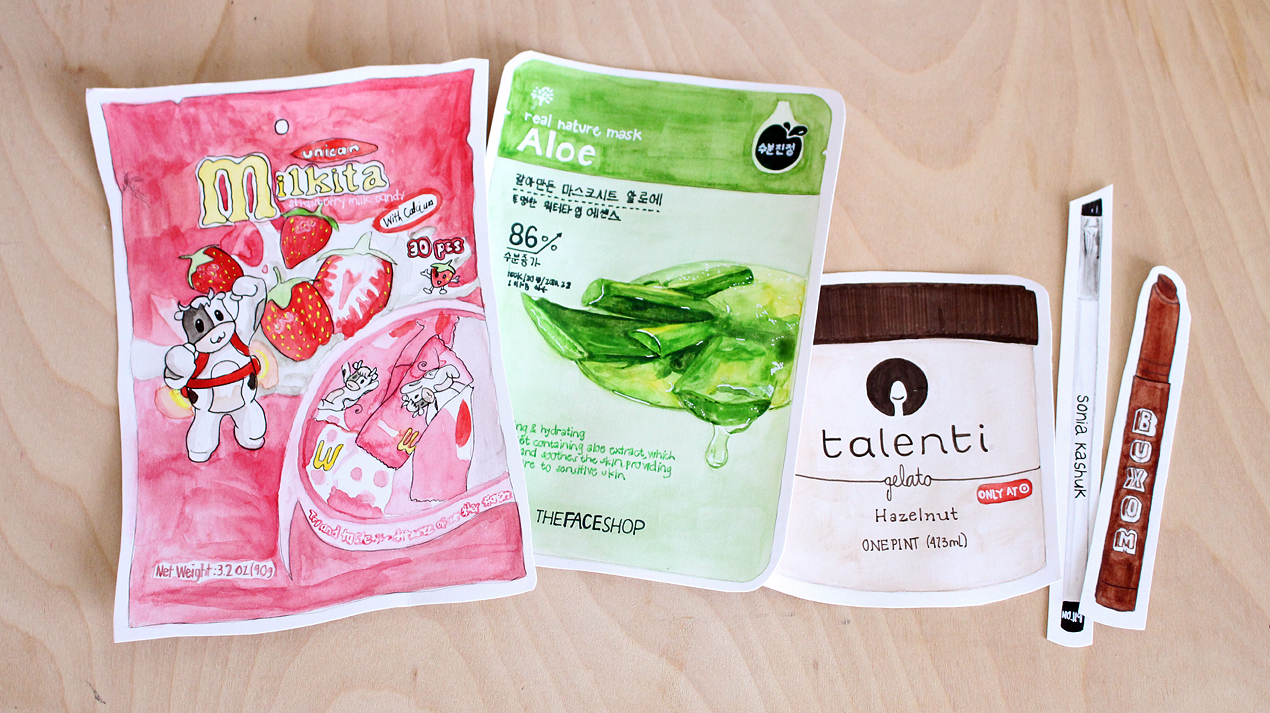 Milkita Strawberry Milk Candy, The Face Shop's Aloe sheet mask, Talenti Hazelnut Gelato, Sonia Kashuk Angled Brush and Buxom Lip Foundation in Revealed