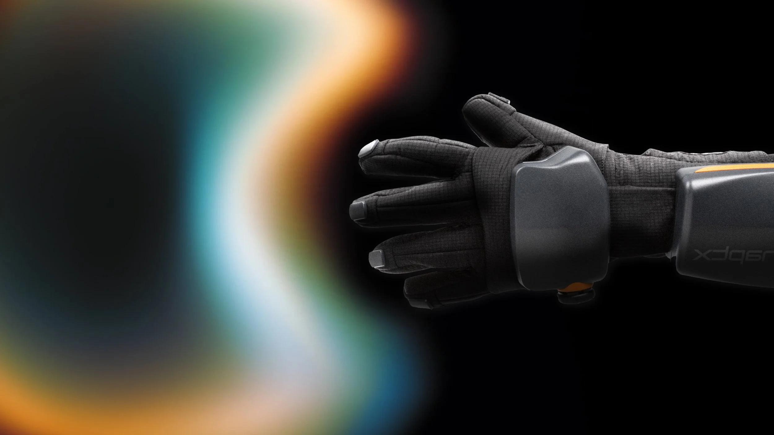 Large image of a HaptX glove pushing colorful air to show a tactile experience