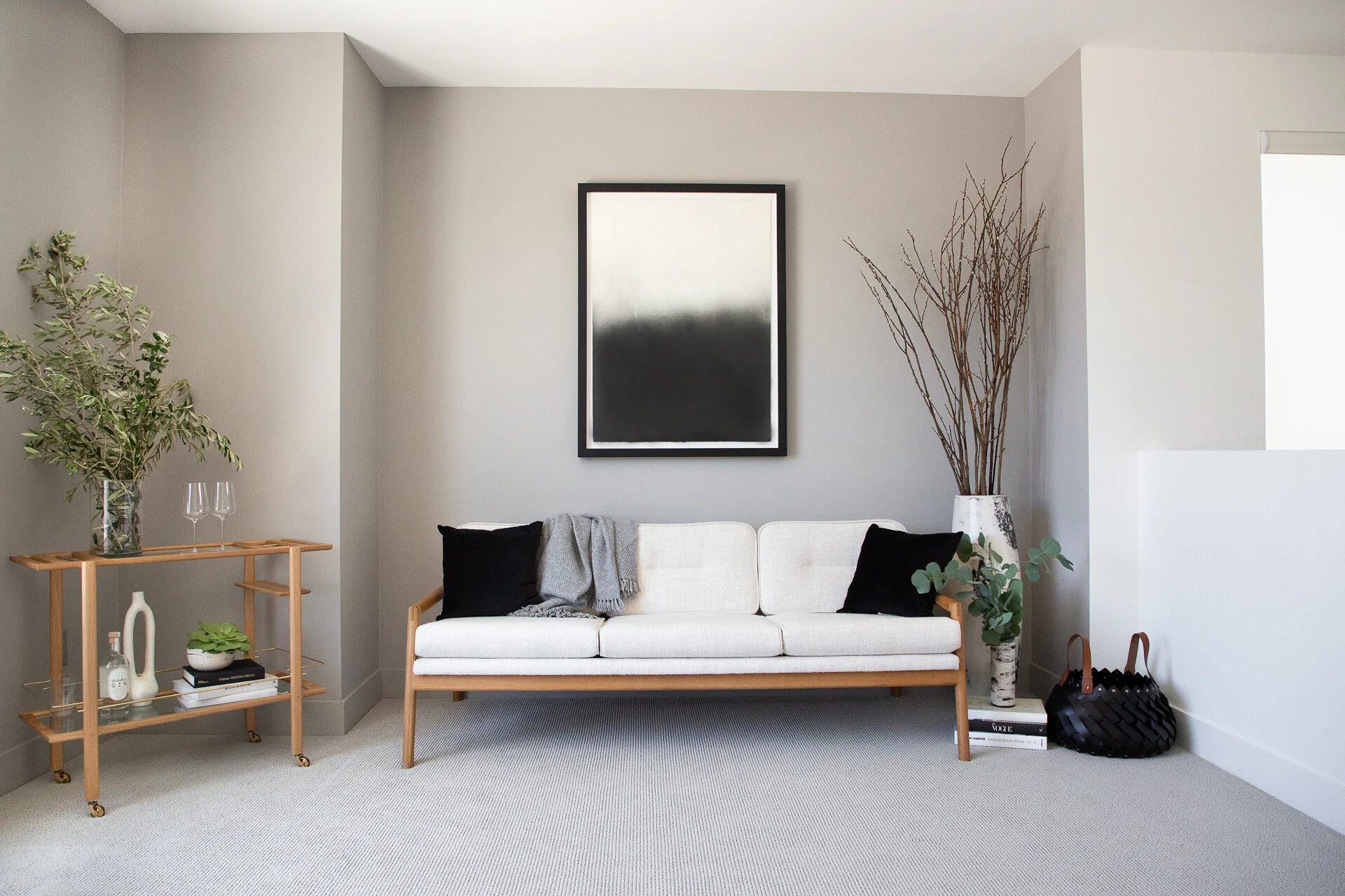 EARL OAK MORESBY SOFA AND BARCART photo by Michelle Mosqueda