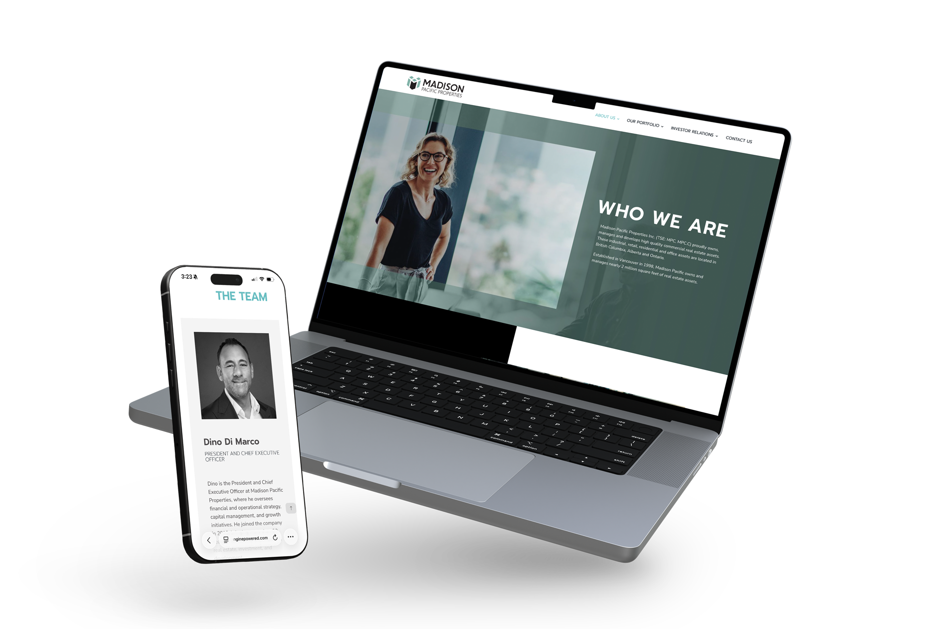 A laptop displaying a website called Madison Pacific Properties next to a smartphone showing a profile of Dino Di Marco, the company's president and chief executive officer.