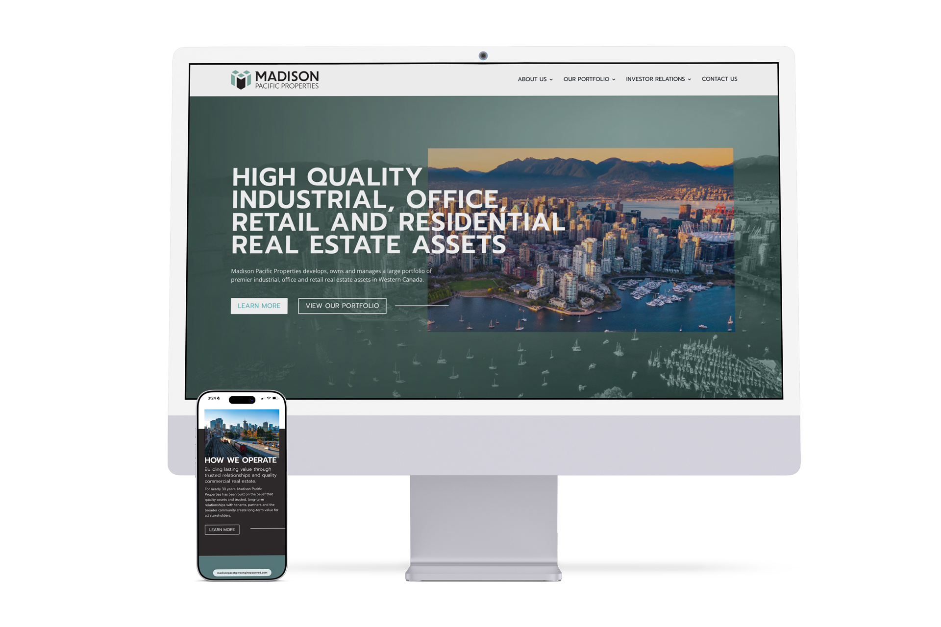 Screenshot of a real estate company's website on a computer and a mobile phone. The website features a cityscape with buildings and a marina, and text highlighting industrial, office, retail, and residential real estate assets in Western Canada.