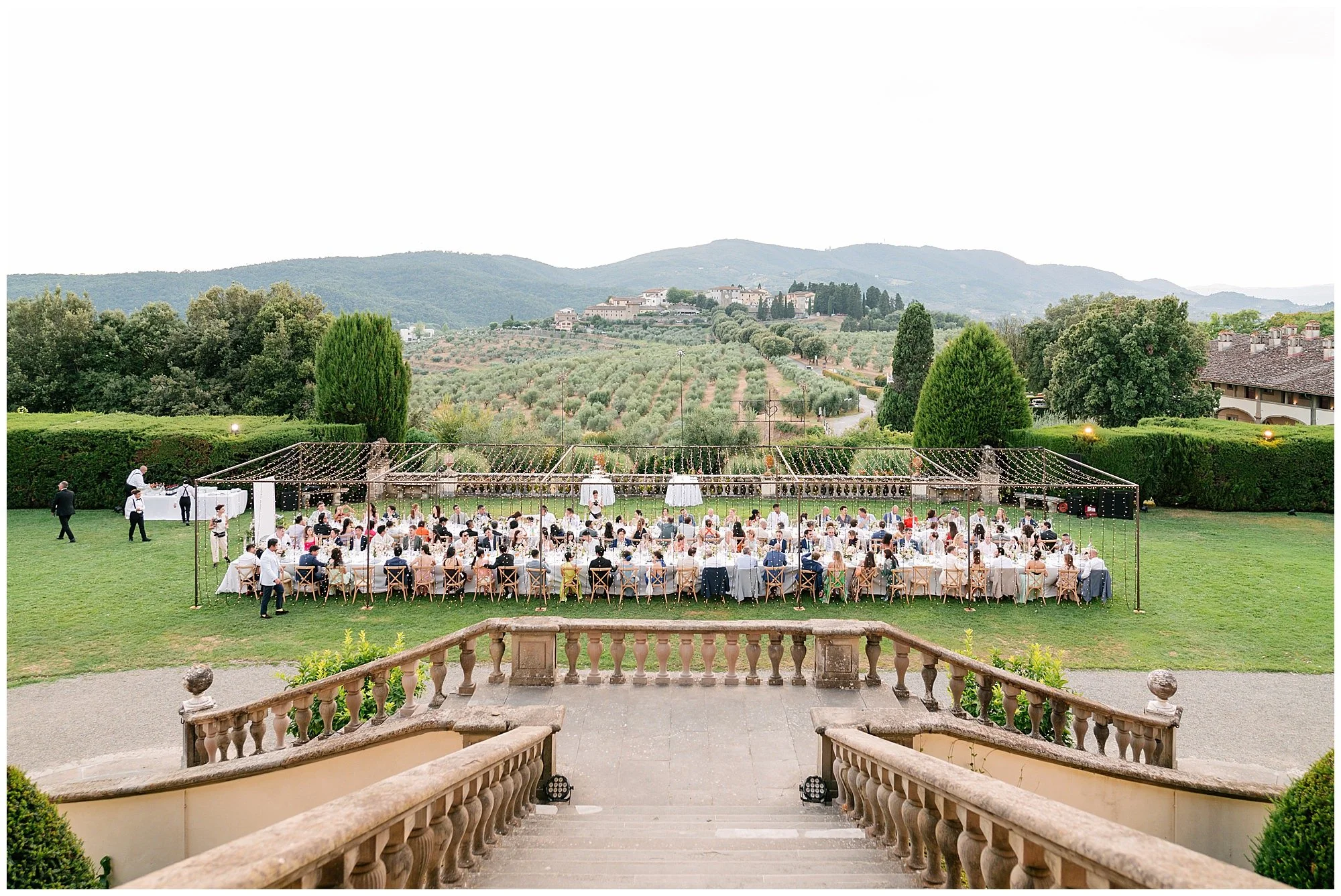 Luxury wedding venue in Tuscany, Tenuta di Artimino, aerial view of a private estate during golden hour, photographed by Letizia Maccarini L&V Photography