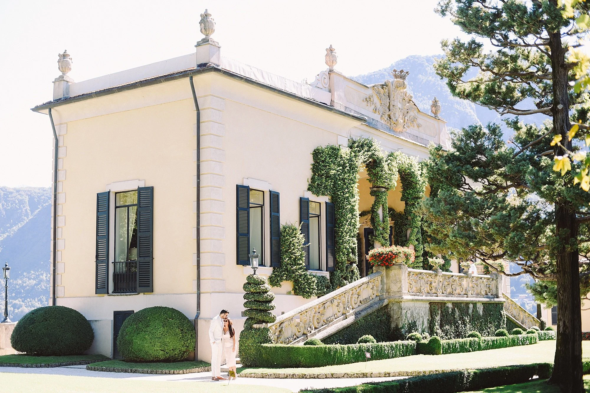 Luxury wedding reception at Lake Como with a view of  Villa del Balbianello