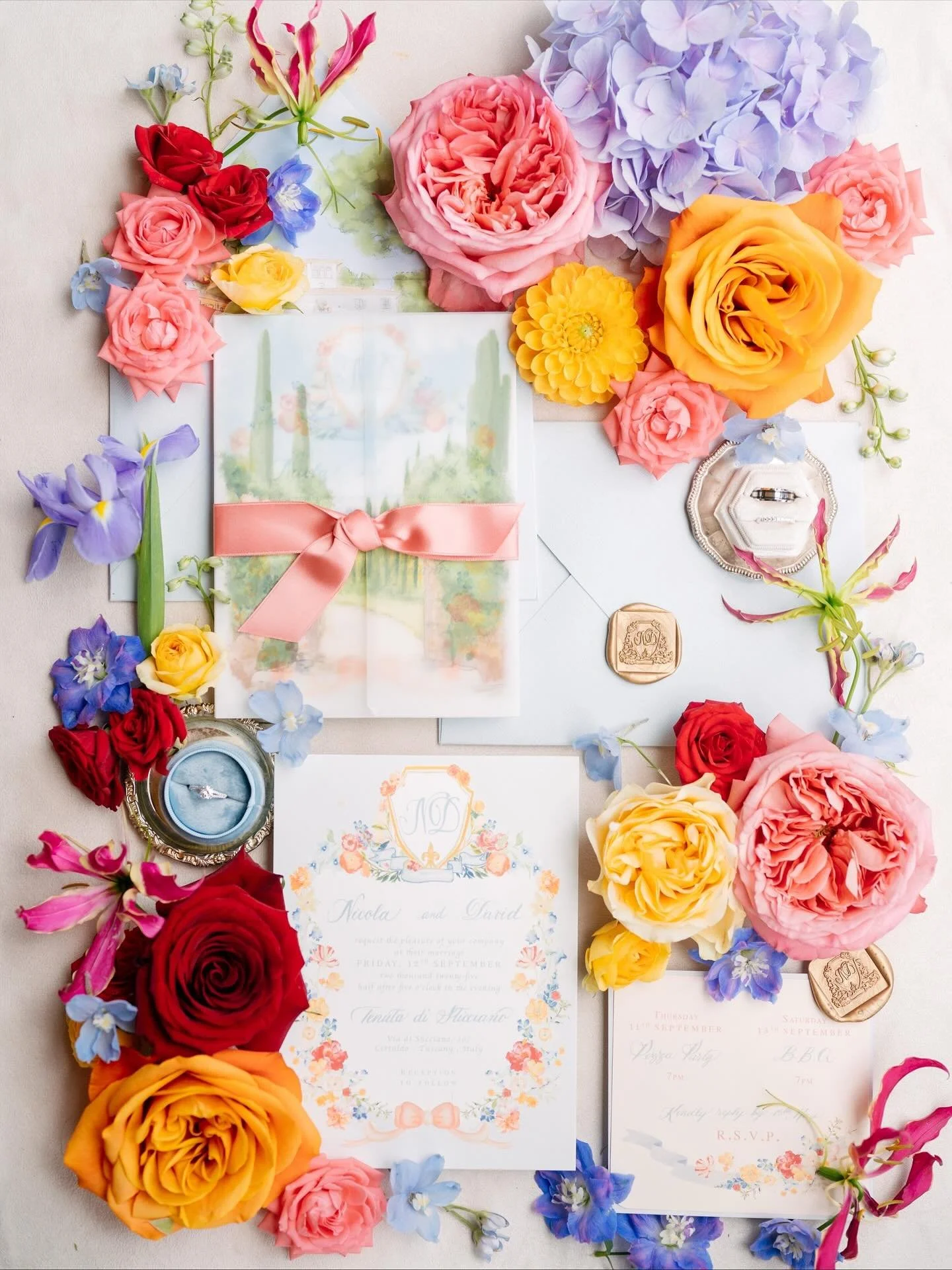 A love story told in bold colors. Nicola &amp; David&rsquo;s calligraphed wedding invitations, styled with vibrant blooms at @tenutasticciano in Tuscany. 

Wp: @paolocicognani_weddingsitaly 
Photographer: @landvphotography 
Video: @triadlabs_albertom