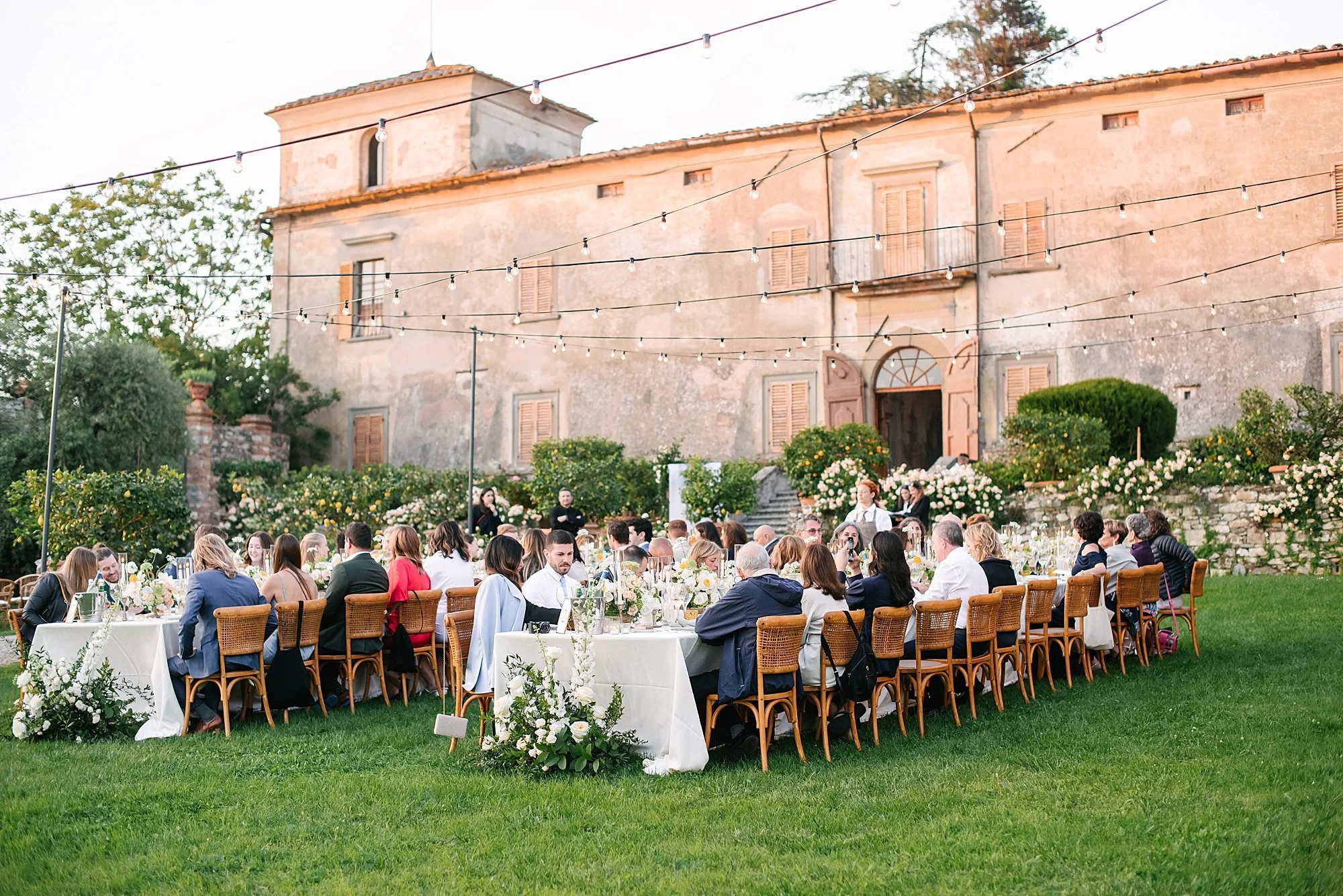 Luxury wedding venue in Tuscany, aerial view of Villa Medicea di Lilliano during golden hour, photographed by L&V Photography Letizia Maccarini