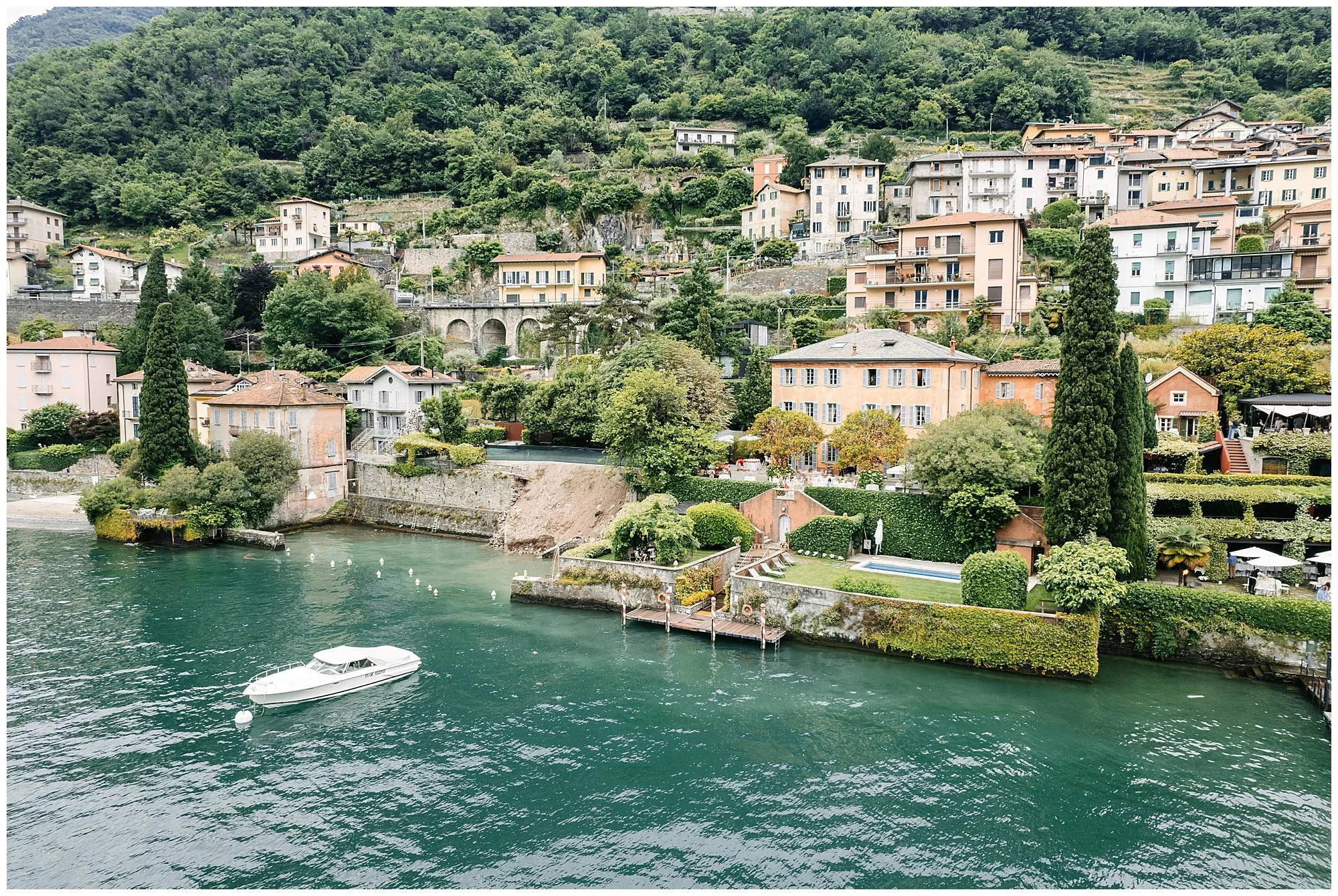 Luxury wedding reception at Lake Como with a view of  Villa Regina Teodolinda